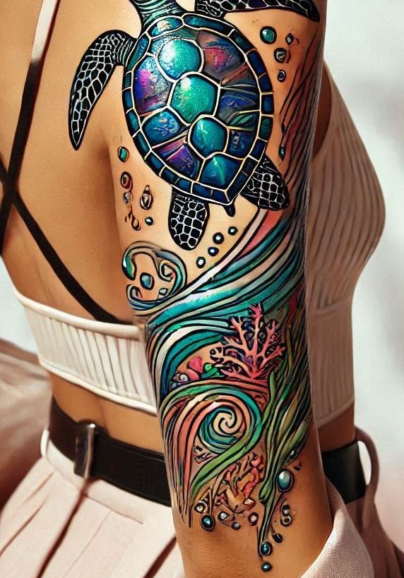 Make a splash with this beautiful turtle tattoo. A unique design that symbolizes longevity and a peaceful spirit!
