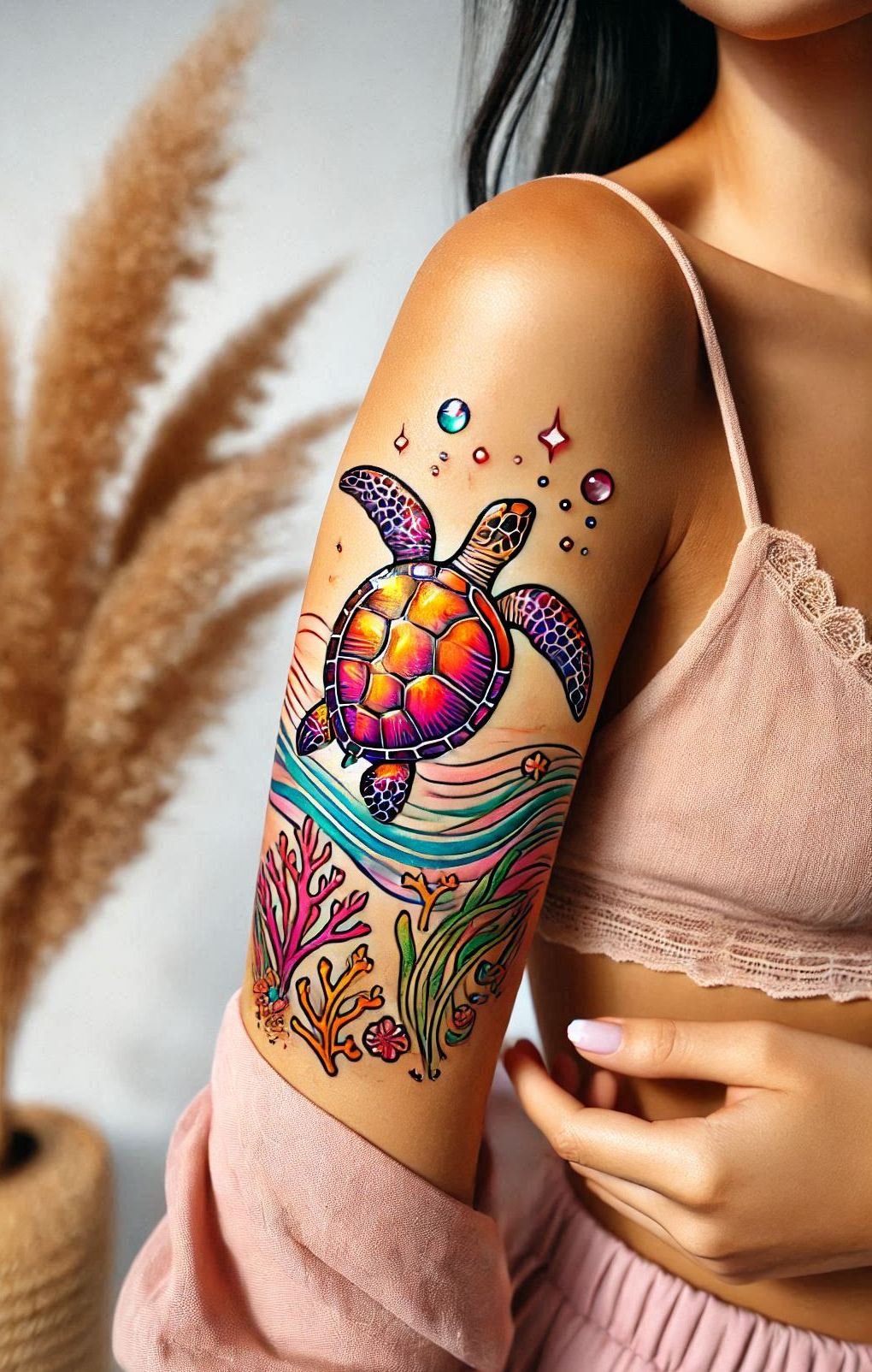 Dive into the depths of elegance with a stunning turtle tattoo. Perfect for those who love a mix of beauty and serenity!
