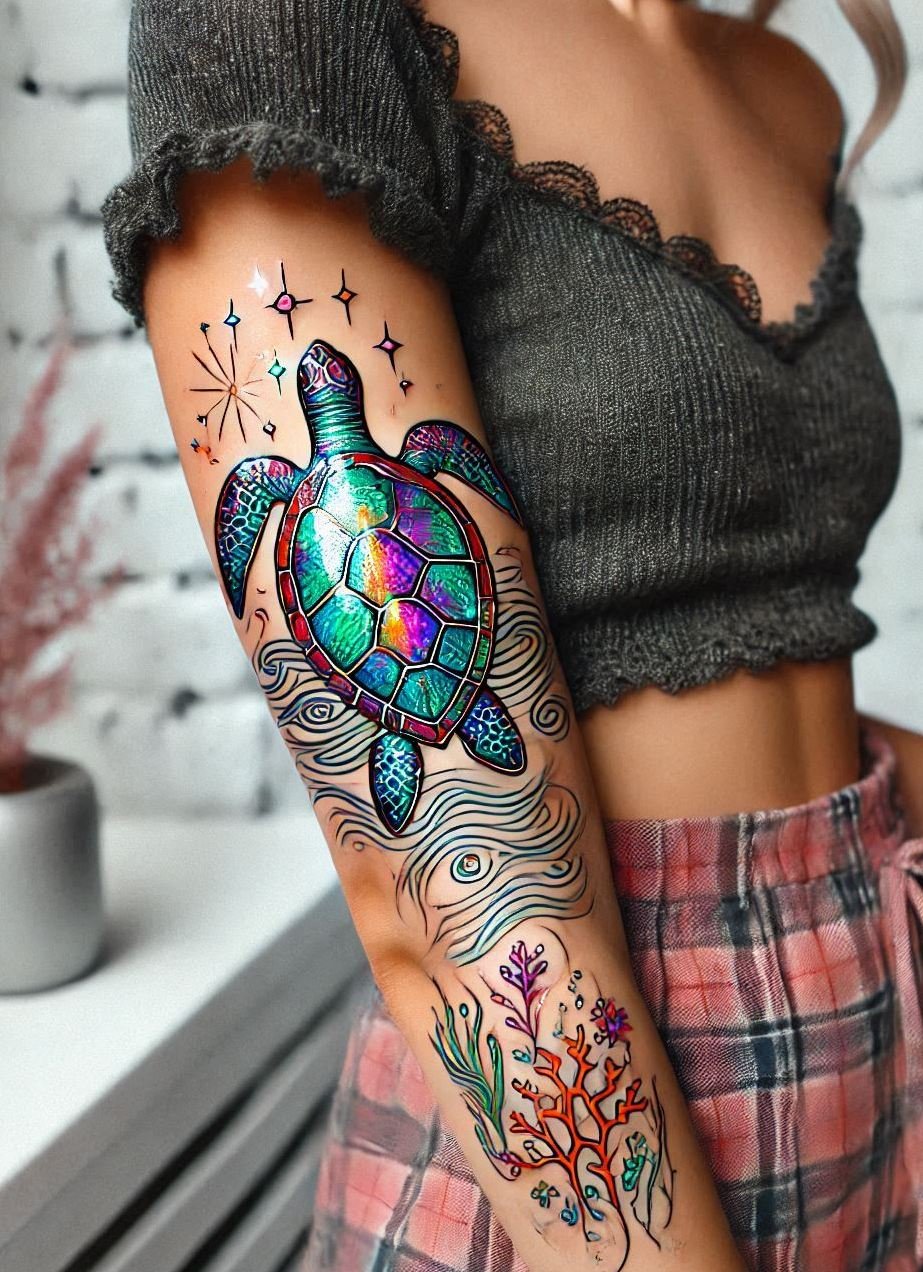 Showcase your love for marine life with a beautiful turtle tattoo. A unique design that represents endurance and calm!