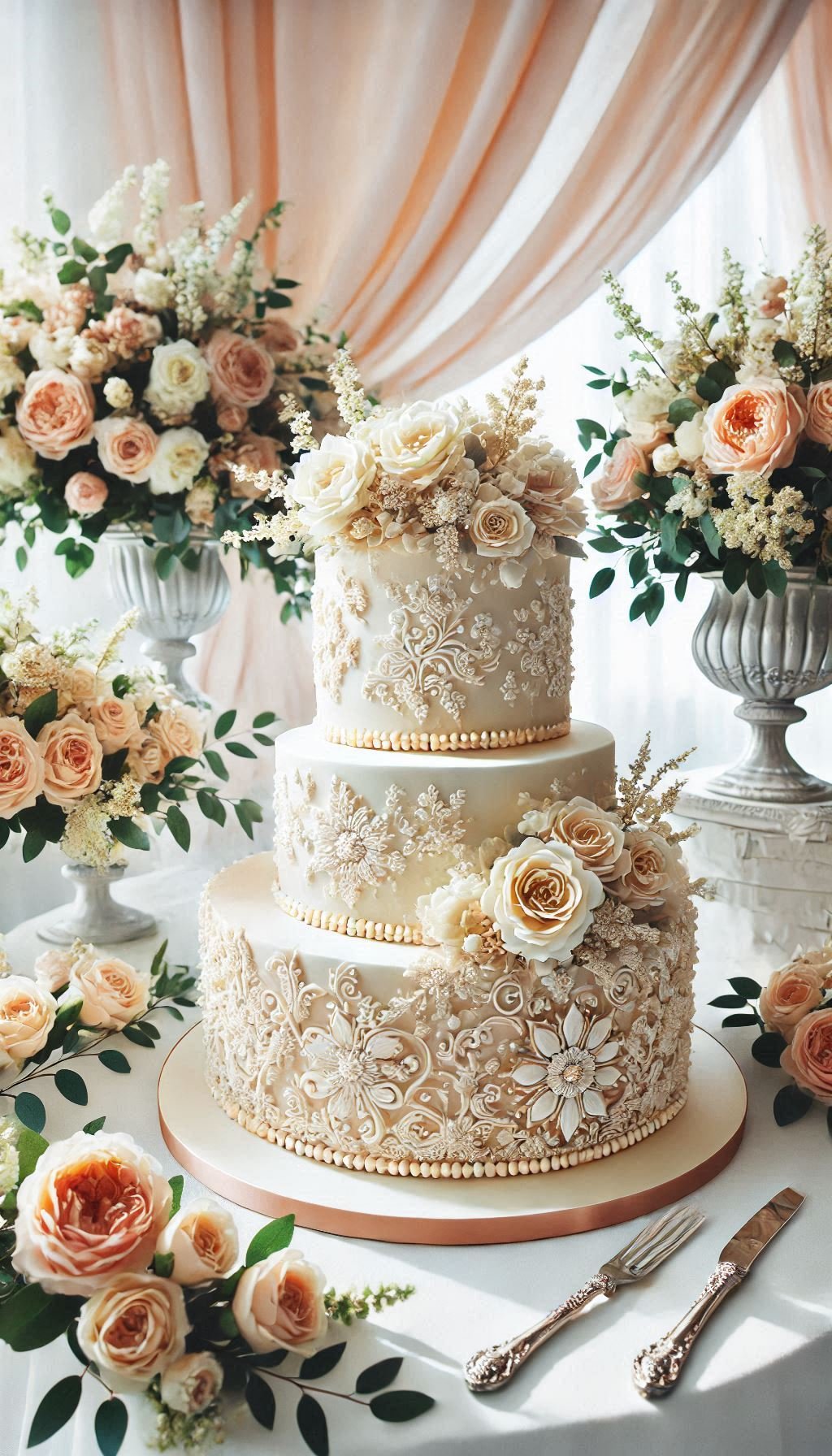 Turn your wedding into a fairy tale with this two-tier ivory cake. The sugar flowers add a touch of romantic whimsy to your big day.
