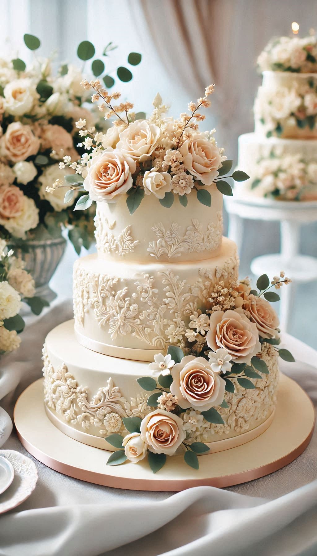 Say 'I do' to this stunning two-tier ivory cake adorned with sugar flowers. A blend of classic elegance and sweet charm!