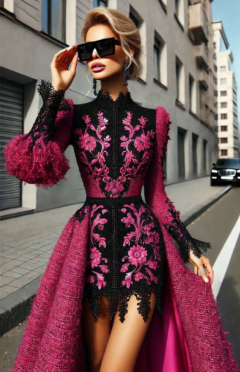 Step into the spotlight with this vibrant pink and purple tweed dress. Perfect for special occasions, it’s a bold and stylish choice that commands attention.