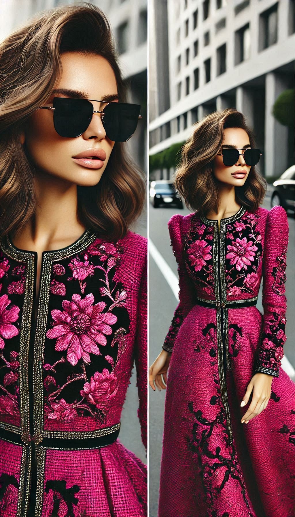 Get ready to dazzle in this vibrant pink and purple tweed dress. Perfect for any special event, it’s a unique and stylish choice.