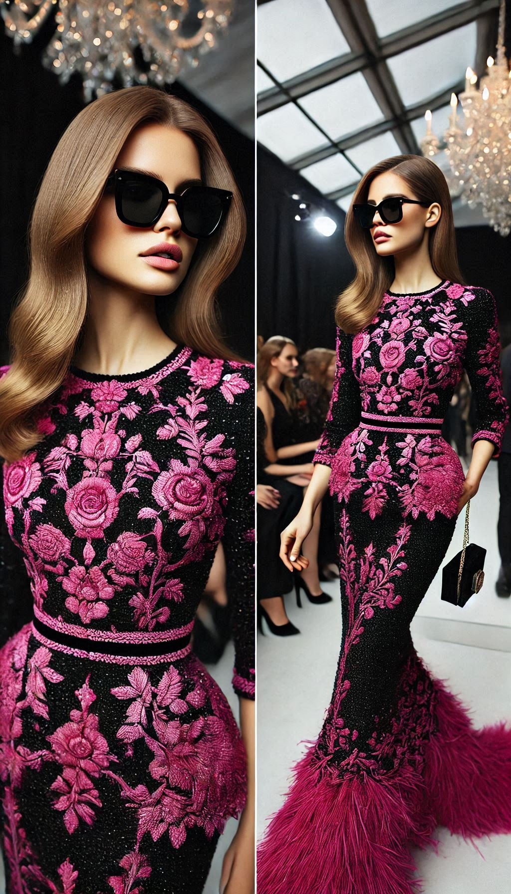 Shine bright at your next event with this stunning pink and purple tweed dress. The perfect mix of bold color and timeless elegance.