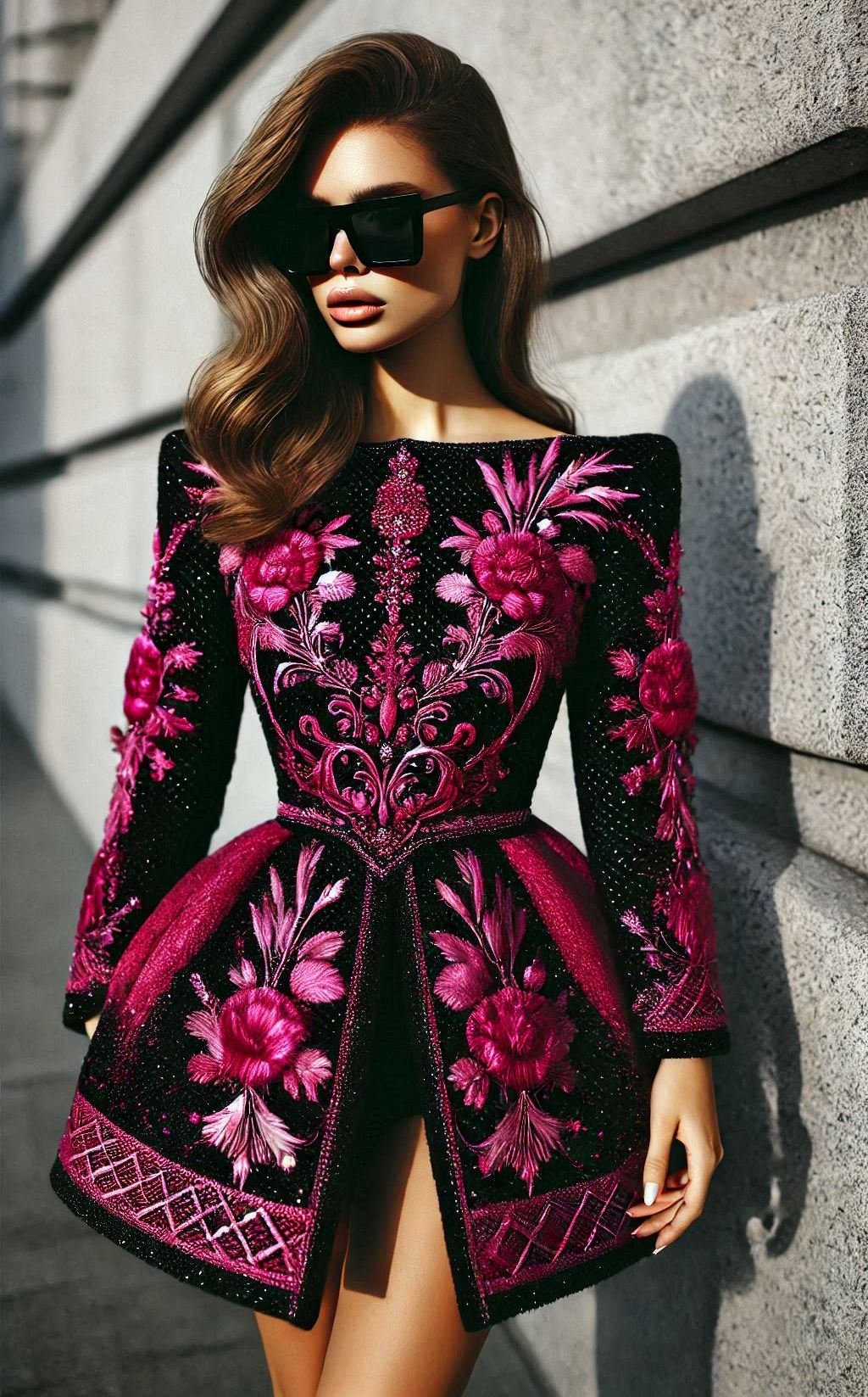 Step into any special occasion with confidence in this vibrant pink and purple tweed dress. It’s a true standout with its bold and sophisticated design.