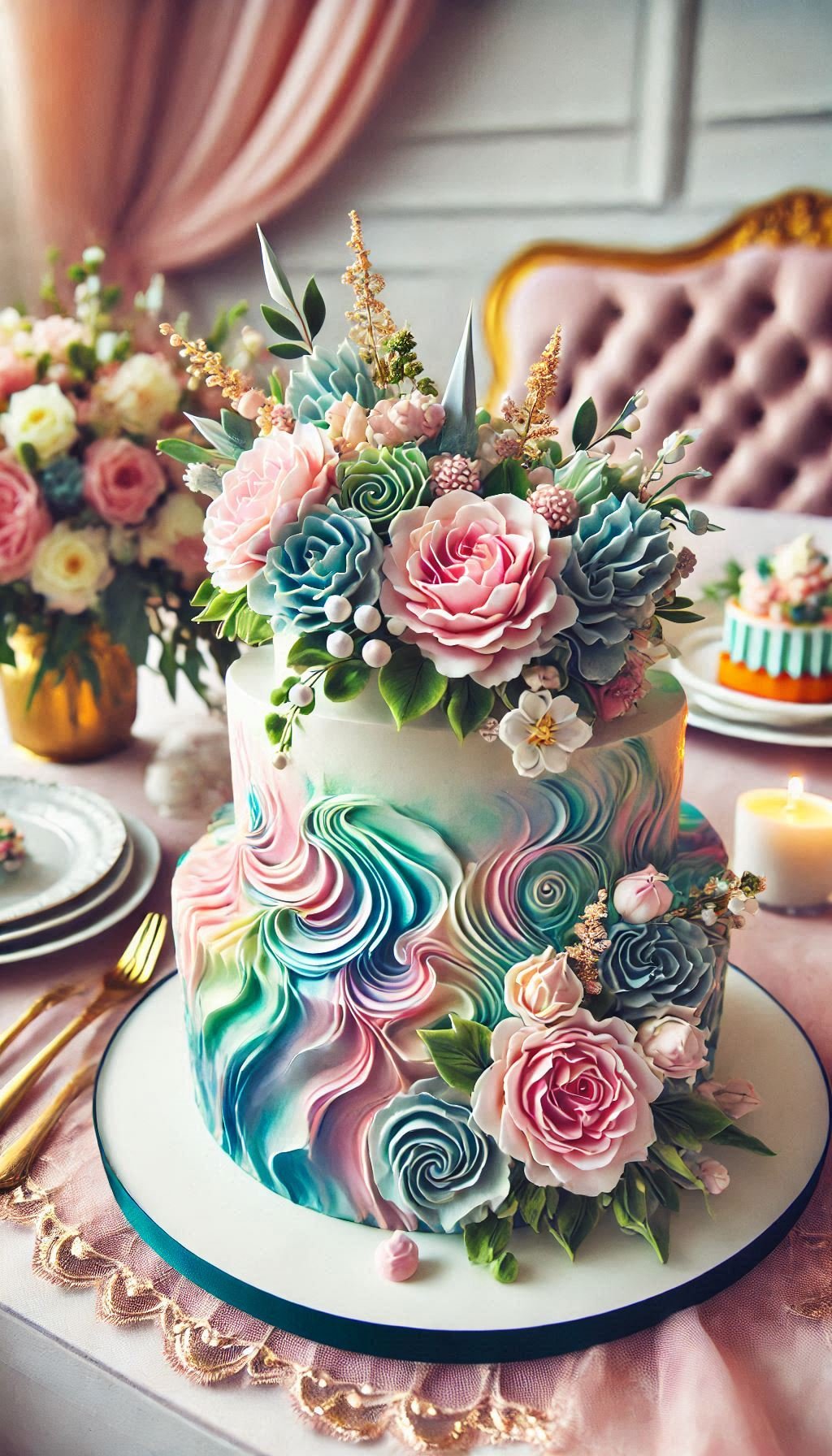 Let your wedding cake tell a love story with watercolor-style frosting in delicate shades. It's both a treat for the eyes and the palate!