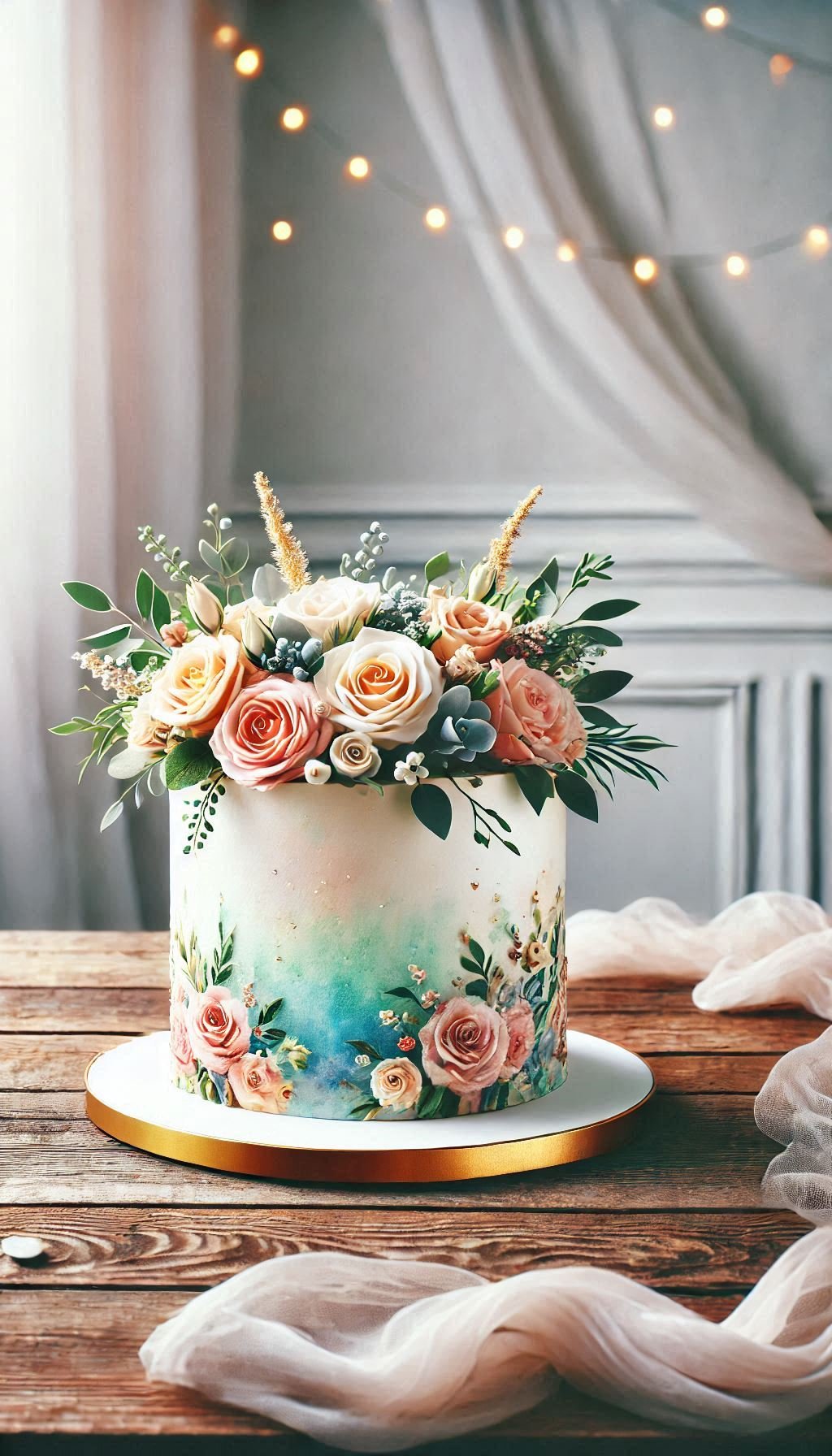 Create a magical moment with a wedding cake adorned in watercolor-style frosting. Soft, romantic shades make it an unforgettable centerpiece.