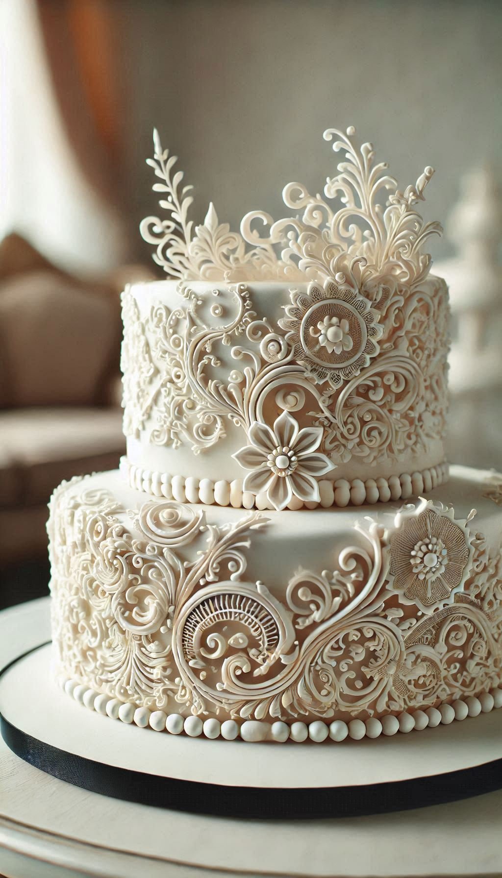 Say 'I do' to this stunning white fondant cake with intricate lace patterns. A touch of elegance and romance for your special day!