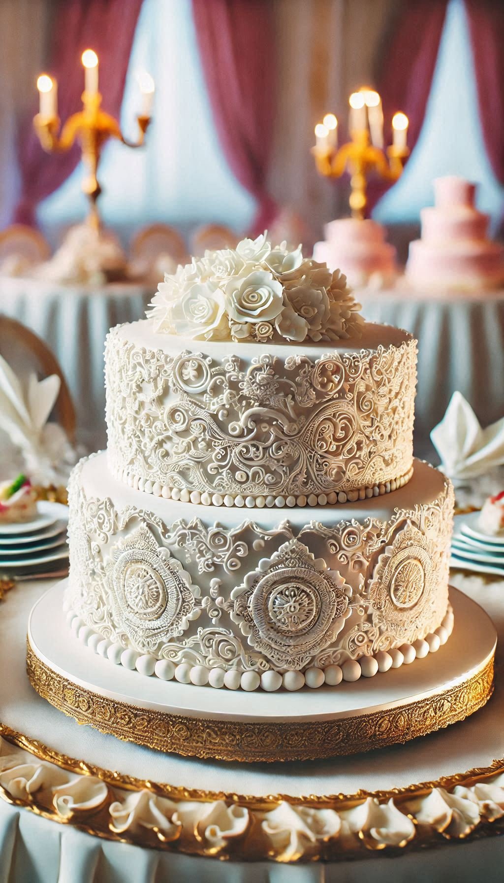 Elevate your wedding with this white fondant cake adorned with beautiful lace patterns. It’s a feast for both the eyes and the palate.