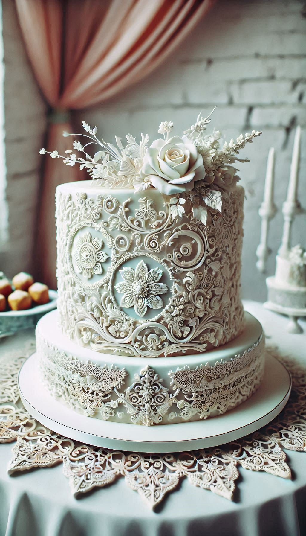 This white fondant cake with intricate lace patterns is pure sophistication. Perfect for a wedding that demands elegance and charm.