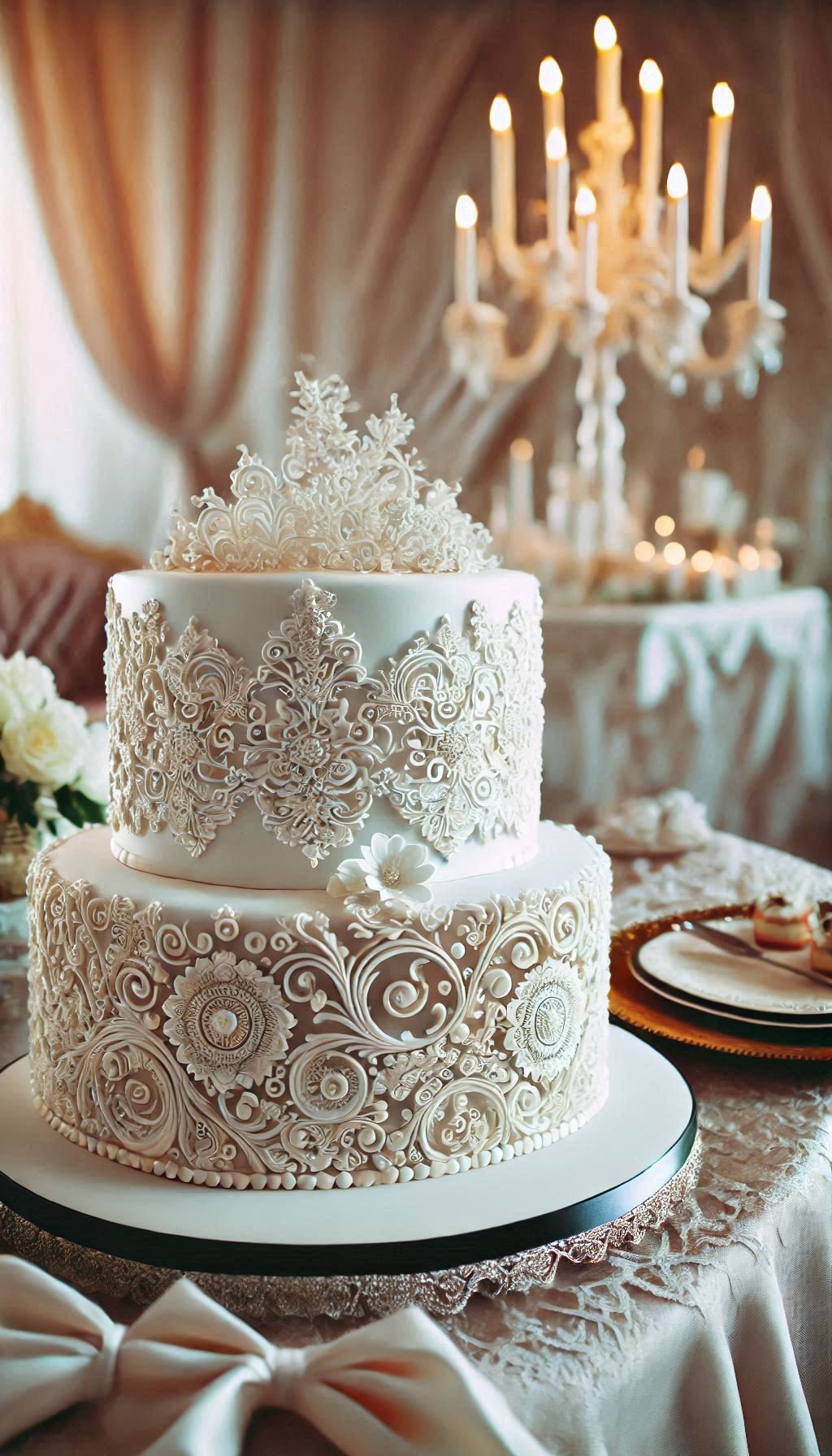 Add a touch of vintage elegance to your wedding with this white fondant cake. The lace patterns make it a stunning centerpiece.