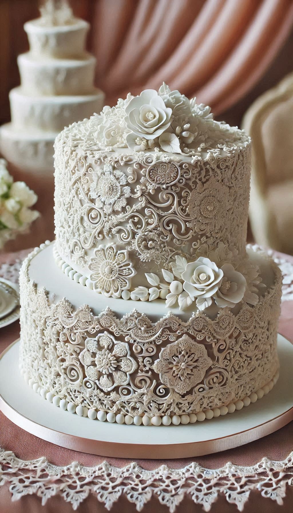 Celebrate your big day with this elegant white fondant cake. The intricate lace patterns add a touch of classic beauty and grace.