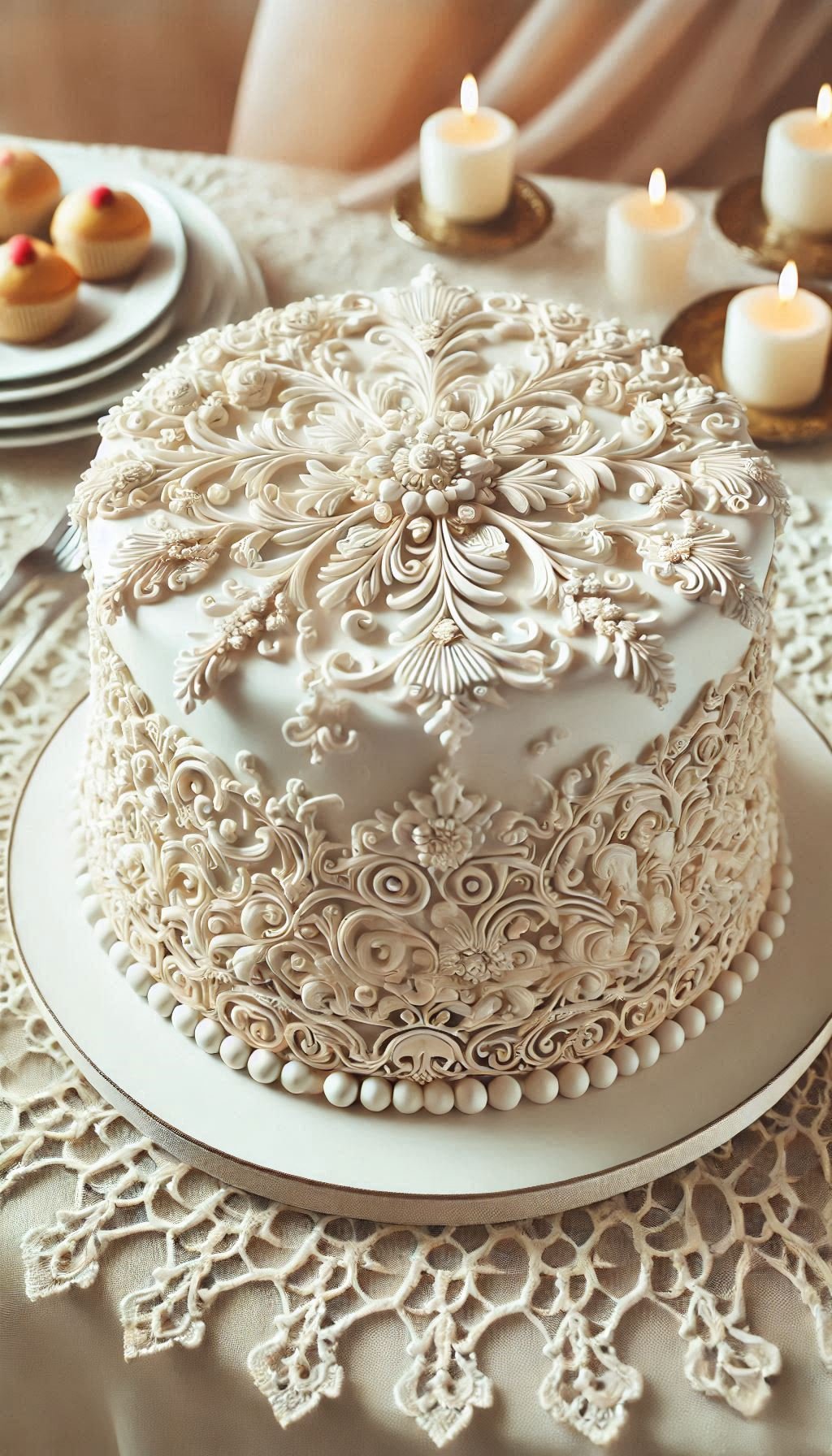 Who needs a wedding dress when your cake has intricate lace patterns? This white fondant cake is a sweet and elegant masterpiece.