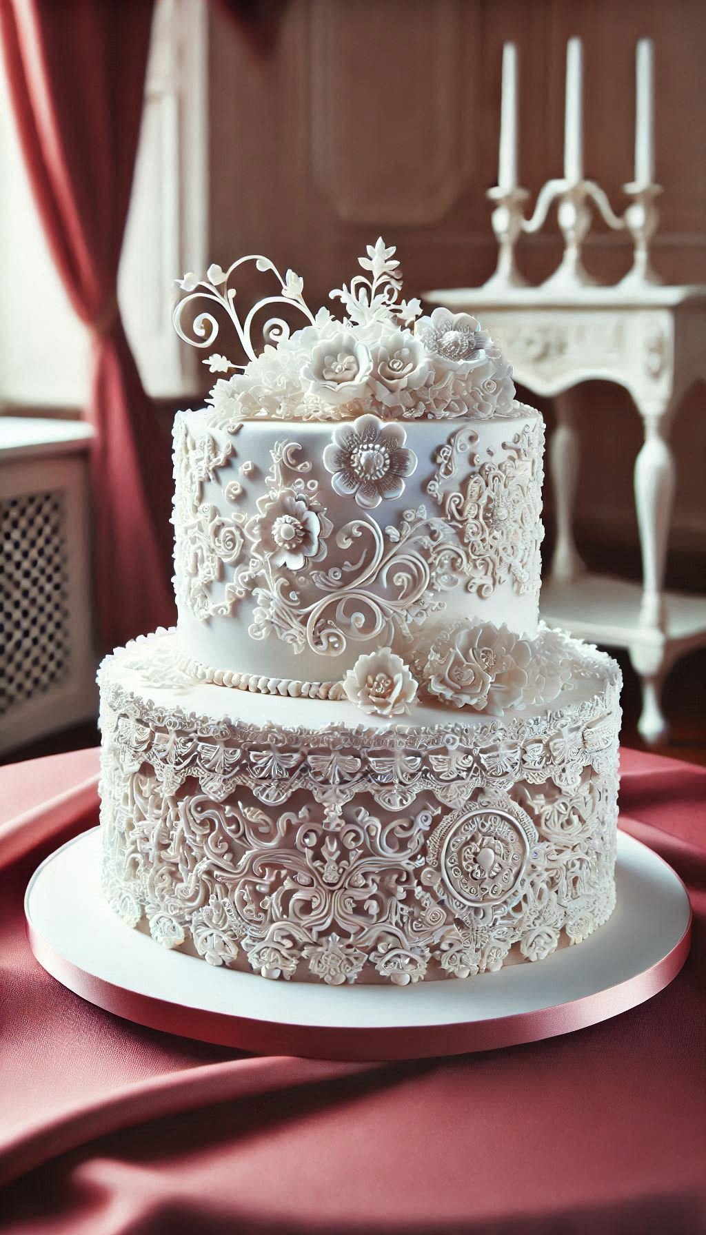 Make your wedding cake the talk of the town with white fondant and delicate lace patterns. Elegant, timeless, and utterly delicious.