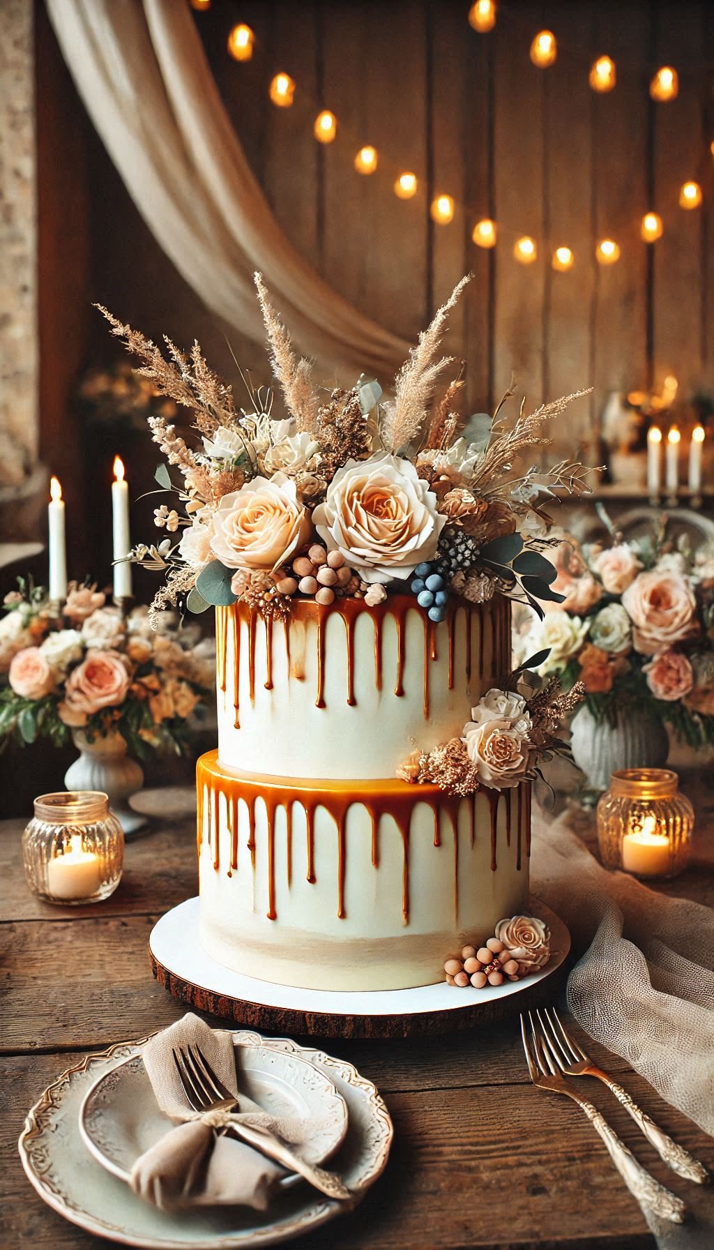 Rustic wedding cakes never looked so decadent! A drip cake with caramel or chocolate drizzle is the perfect sweet finish to your big day.