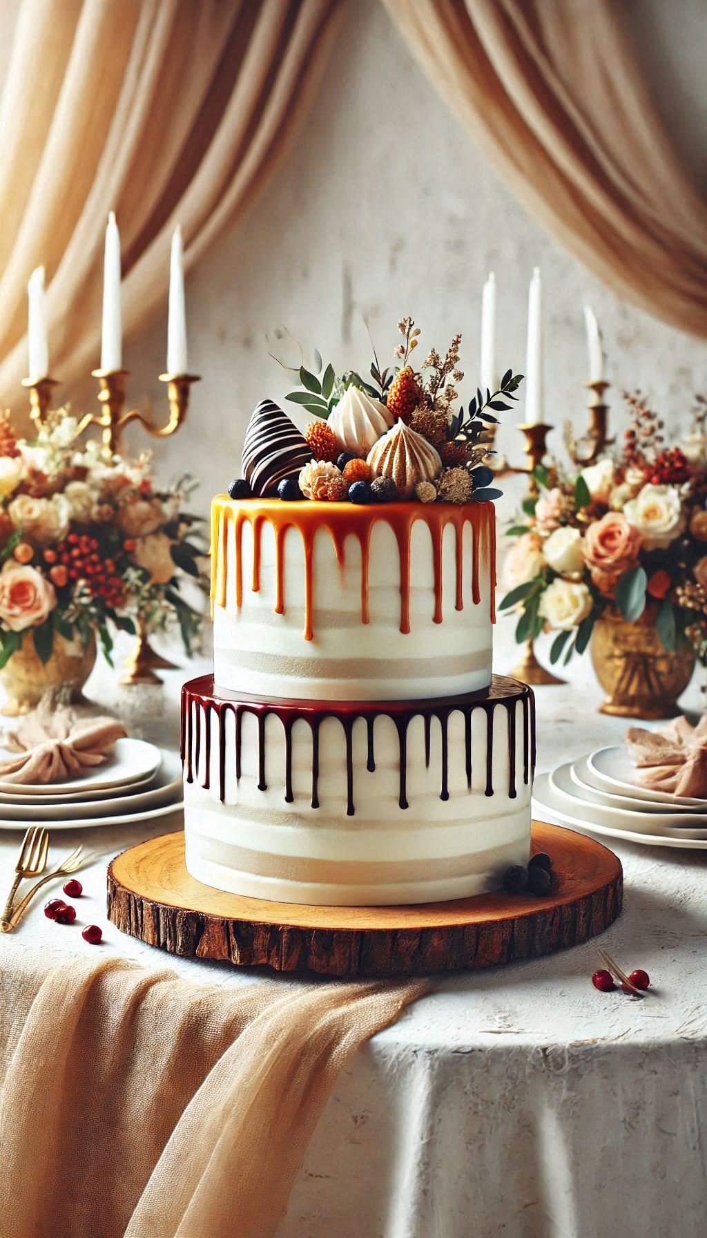 Say "I do" to a rustic drip cake with caramel or chocolate drizzle. It's the perfect blend of elegance and indulgence for your wedding.