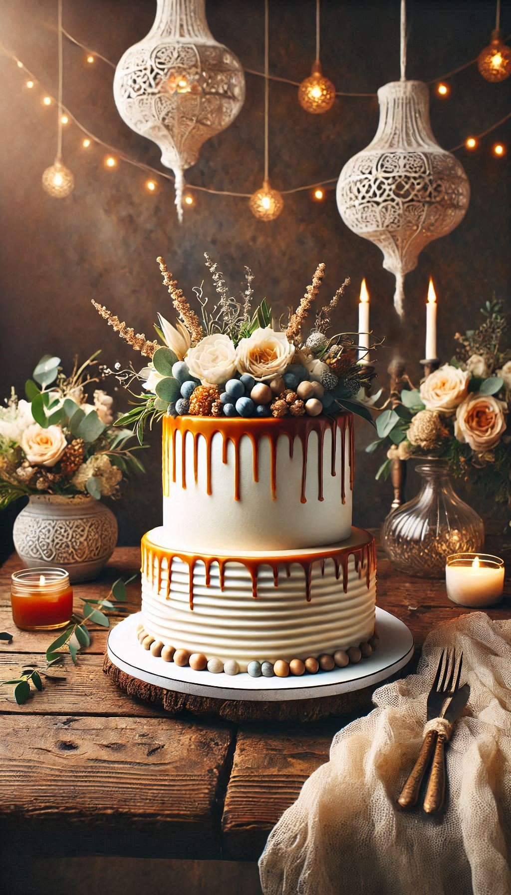 Caramel or chocolate drizzle? Why choose! These rustic drip cakes bring the best of both worlds to your wedding dessert table.