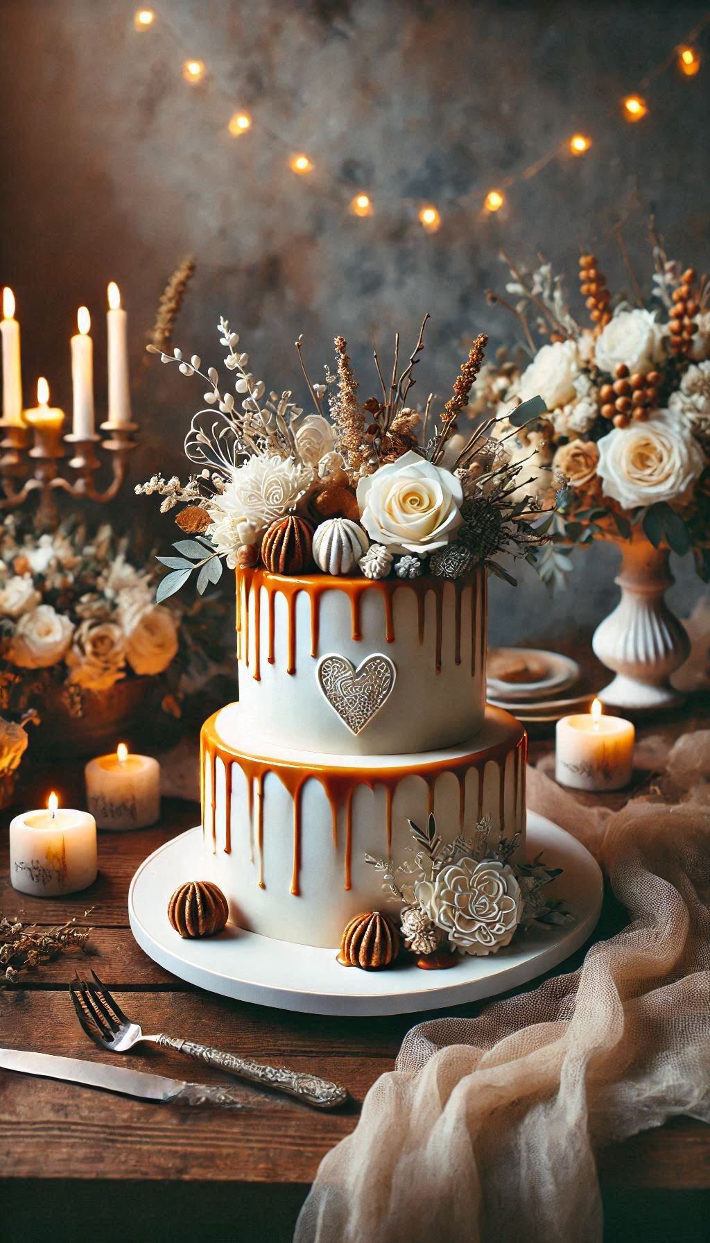 Elevate your rustic wedding with a drip cake that's all about indulgence. Caramel or chocolate drizzle—take your pick!