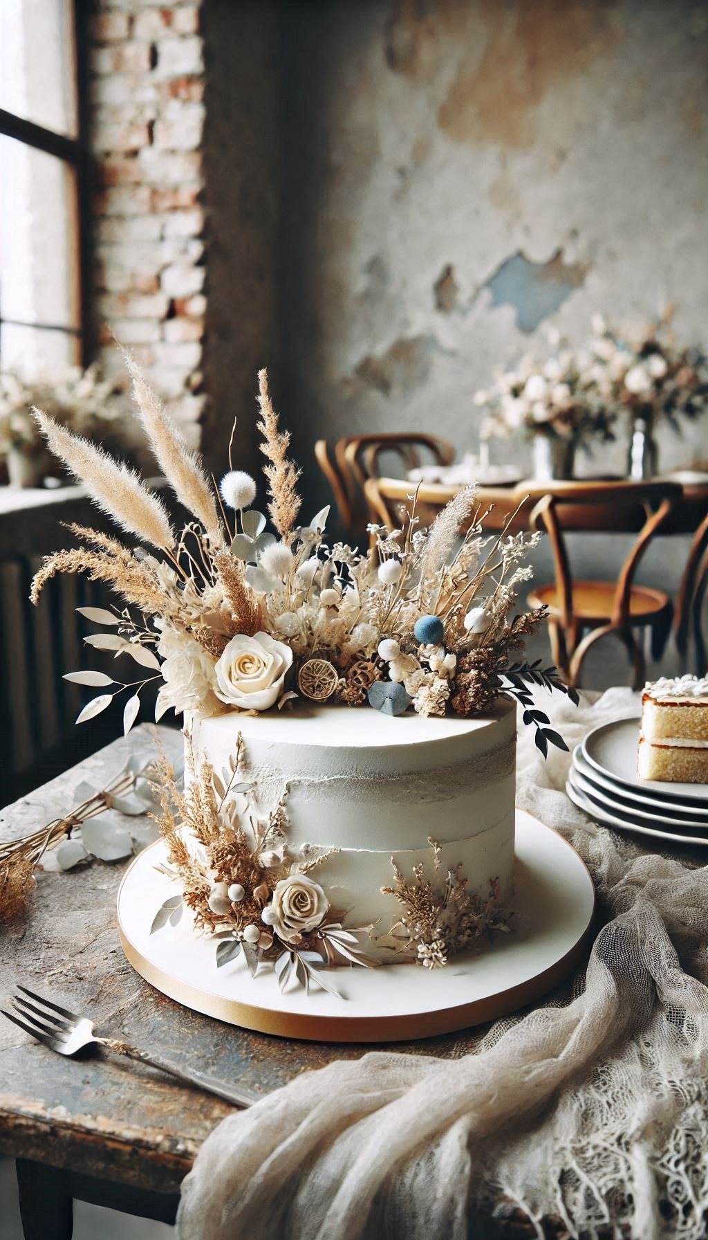 Understated elegance with a rustic twist! This semi-naked cake adorned with dried flowers is a true showstopper.