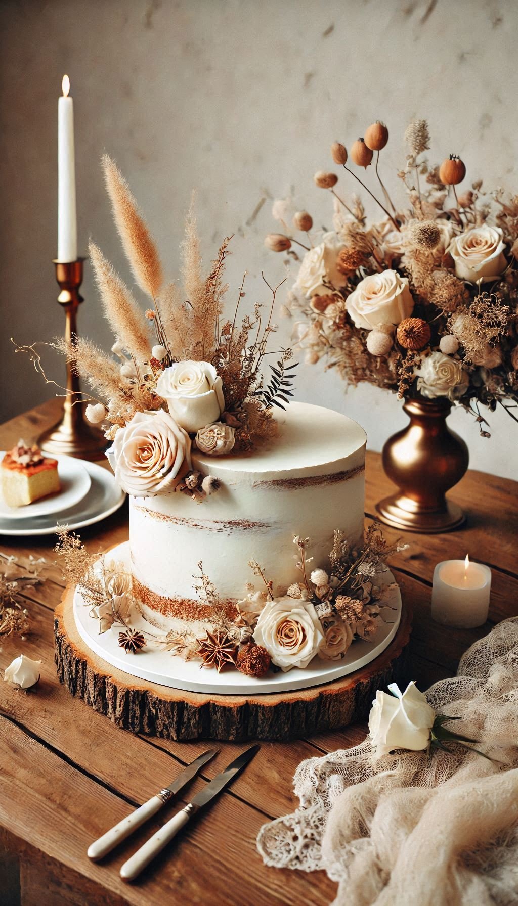 Less icing, more nature. A semi-naked cake with dried flowers is the ultimate rustic wedding centerpiece.