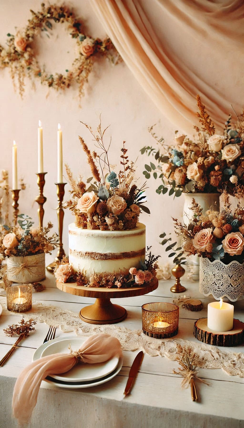 Go au naturel with this semi-naked cake, beautifully decorated with dried flowers. The ideal rustic wedding cake.