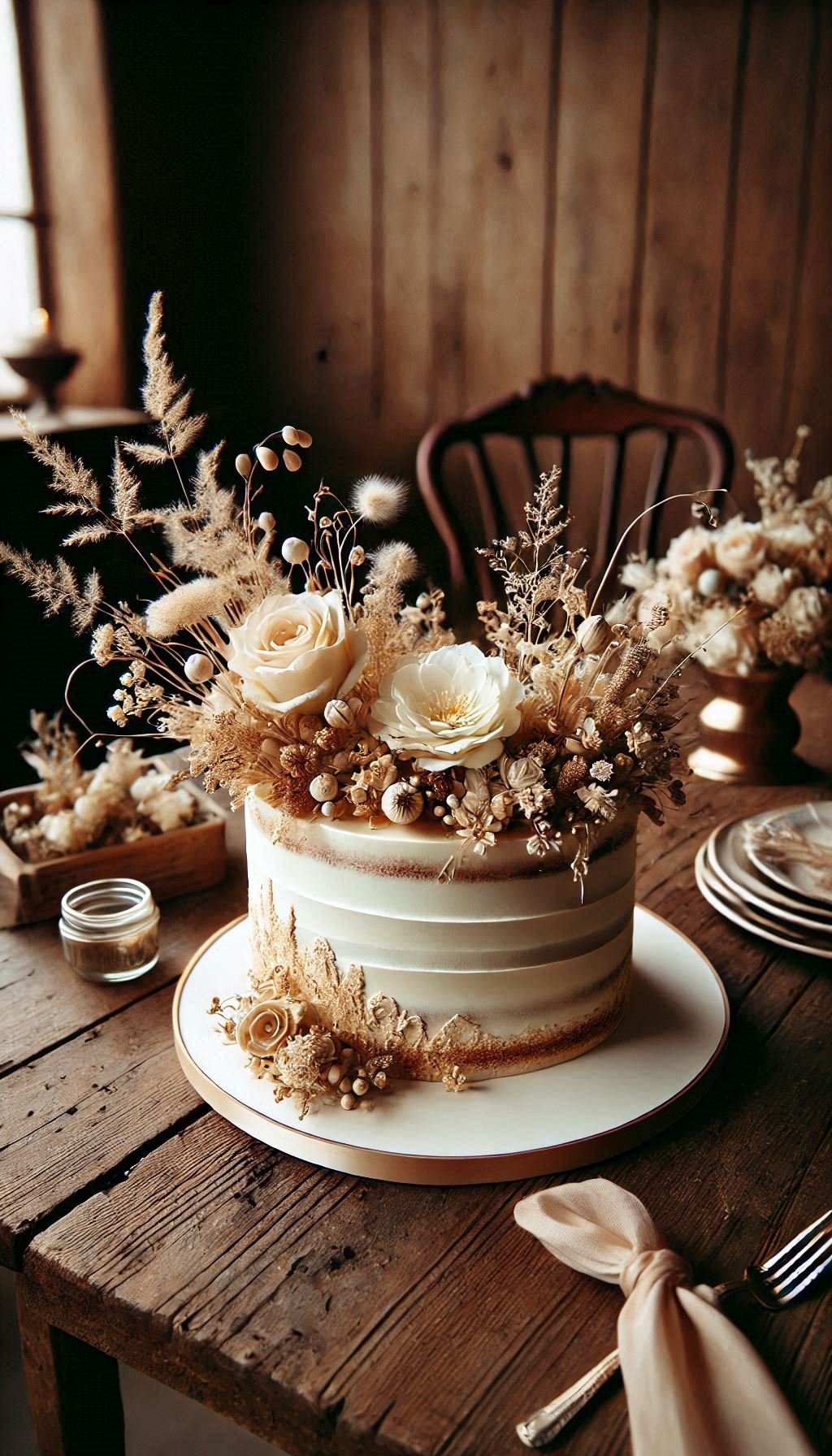 Barely there but oh-so-beautiful! A semi-naked cake adorned with dried flowers is the perfect rustic wedding statement.