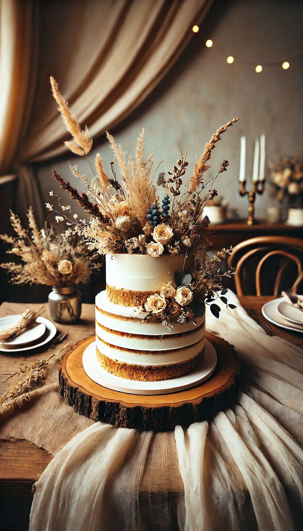 A touch of rustic romance with a semi-naked cake, beautifully dressed in dried flowers. Simple yet stunning!