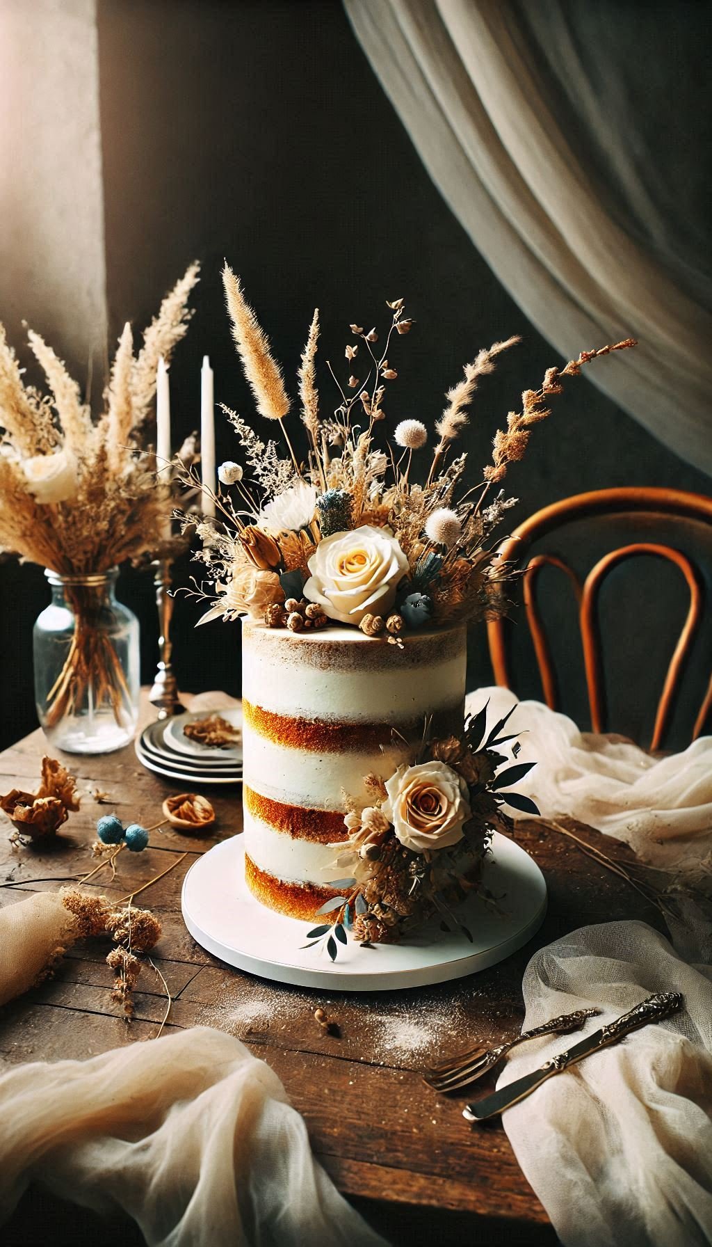 Embrace the beauty of simplicity with a semi-naked cake. Dried flowers add the perfect rustic touch.