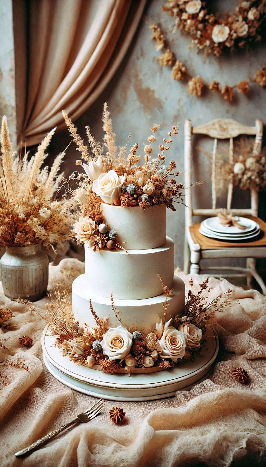 Rustic elegance meets boho charm in this semi-naked cake with dried flowers. A wedding cake to remember!