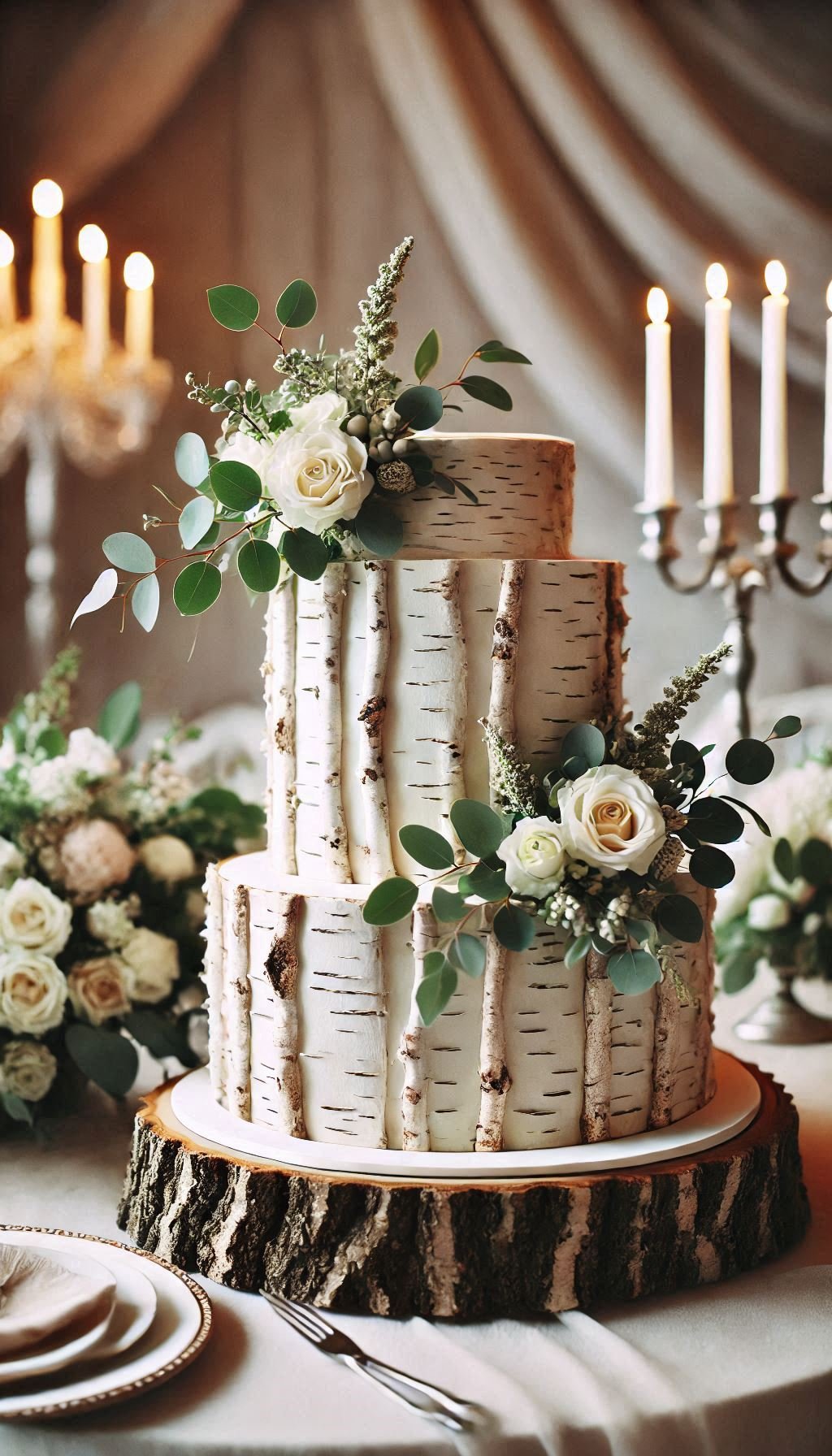 This tiered birchwood-inspired cake with greenery is not just a dessert, it's an experience. Perfect for adding a touch of rustic charm to your wedding day.
