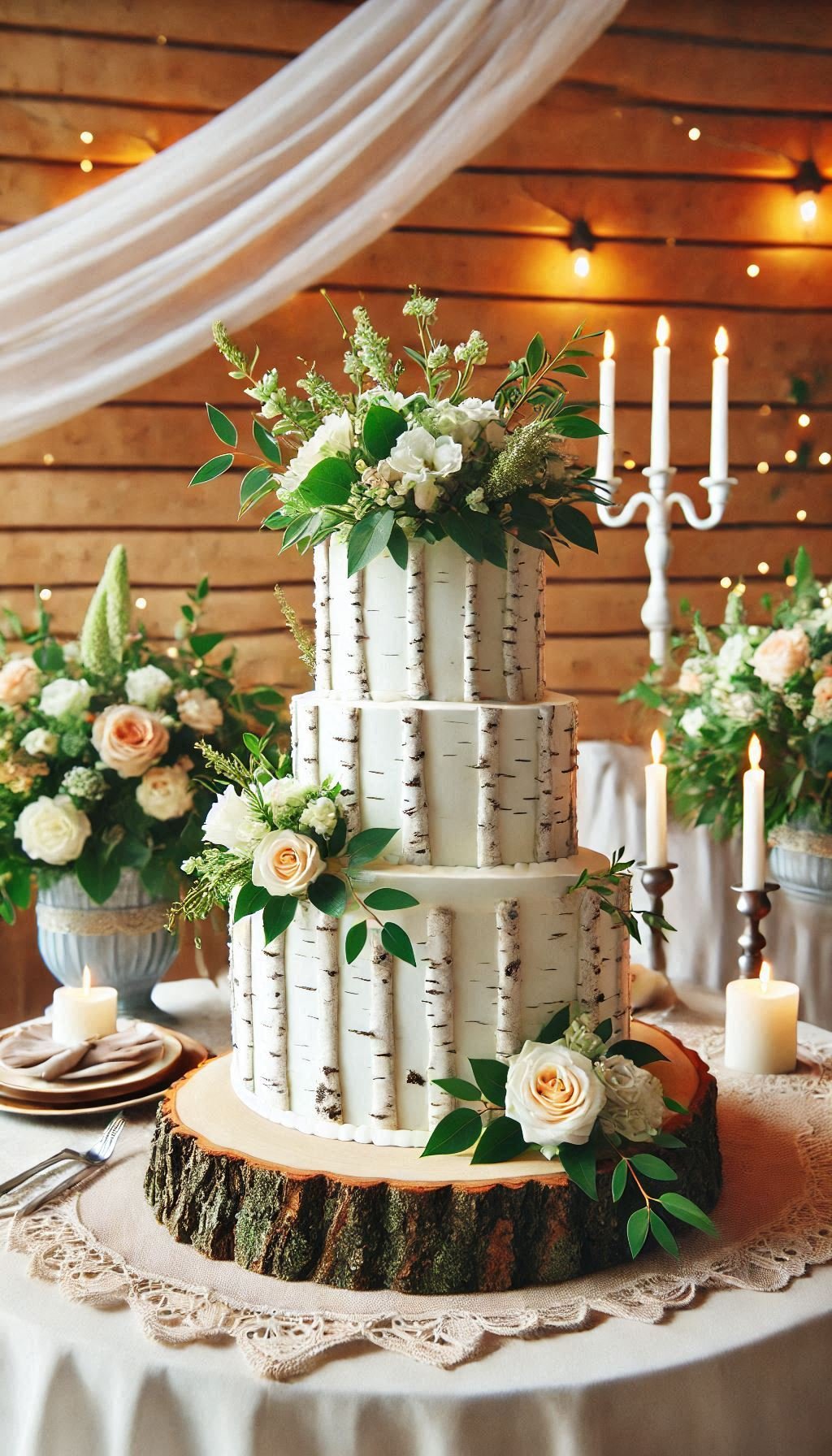 Say "I do" to a cake that screams rustic elegance! This tiered birchwood-inspired cake with greenery is the perfect blend of nature and sweetness.
