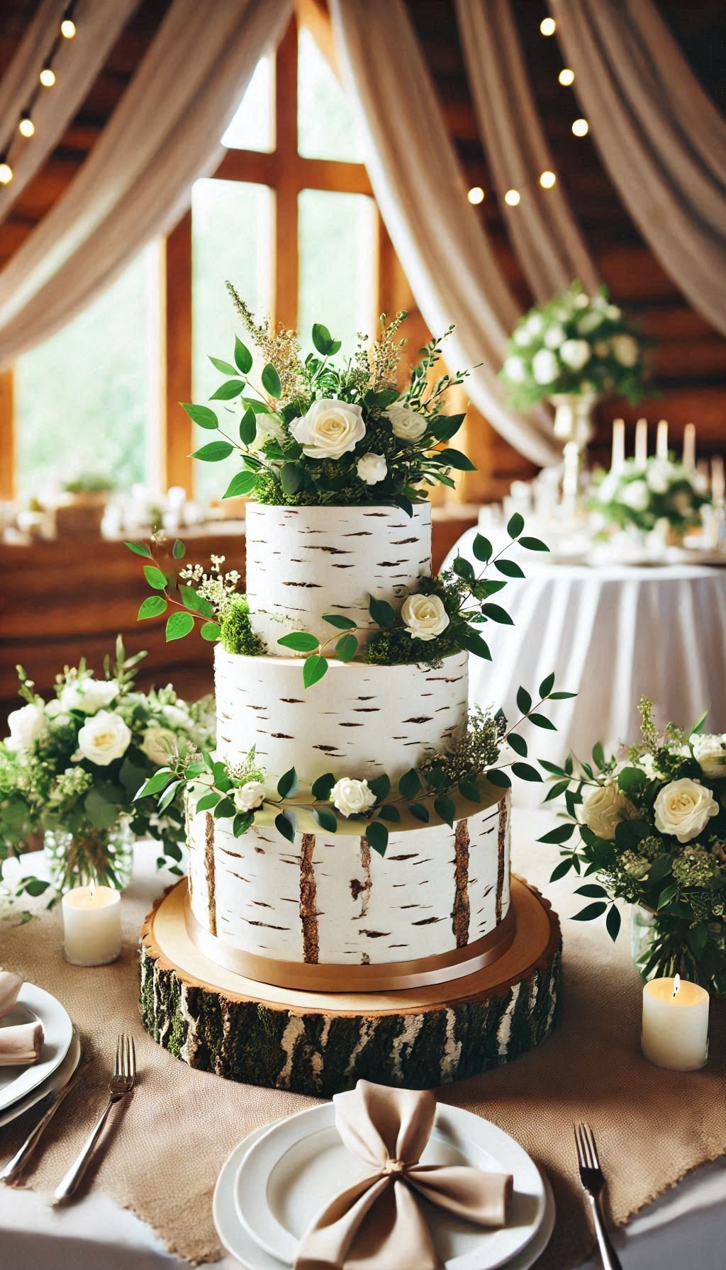 Elevate your rustic wedding with a tiered birchwood-inspired cake, complete with greenery. It's like having the forest right at your reception!