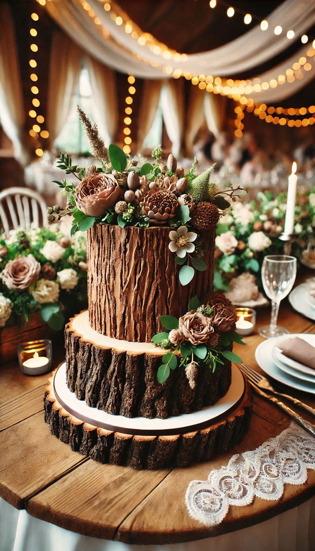 Dreaming of a fairy tale wedding? This tree stump cake with bark-textured frosting is the perfect centerpiece for your rustic celebration.
