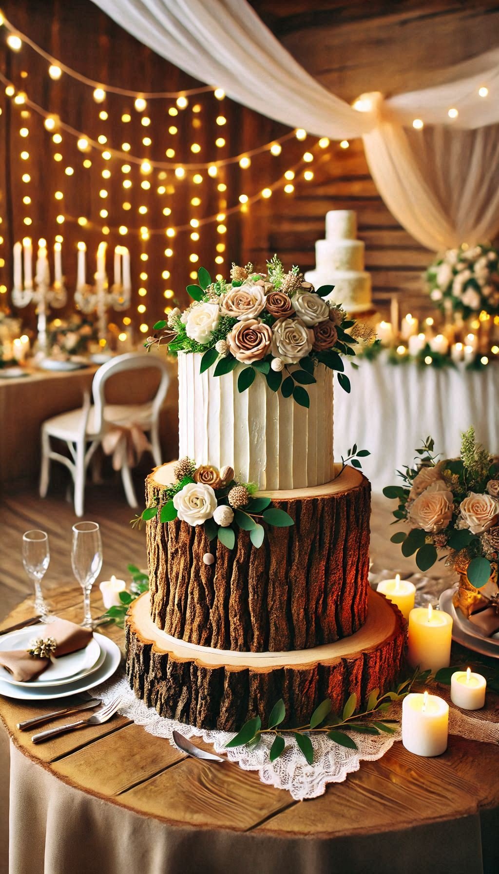Elevate your rustic wedding with a tree stump cake that’s as delicious as it is charming. Who knew nature could taste this good?