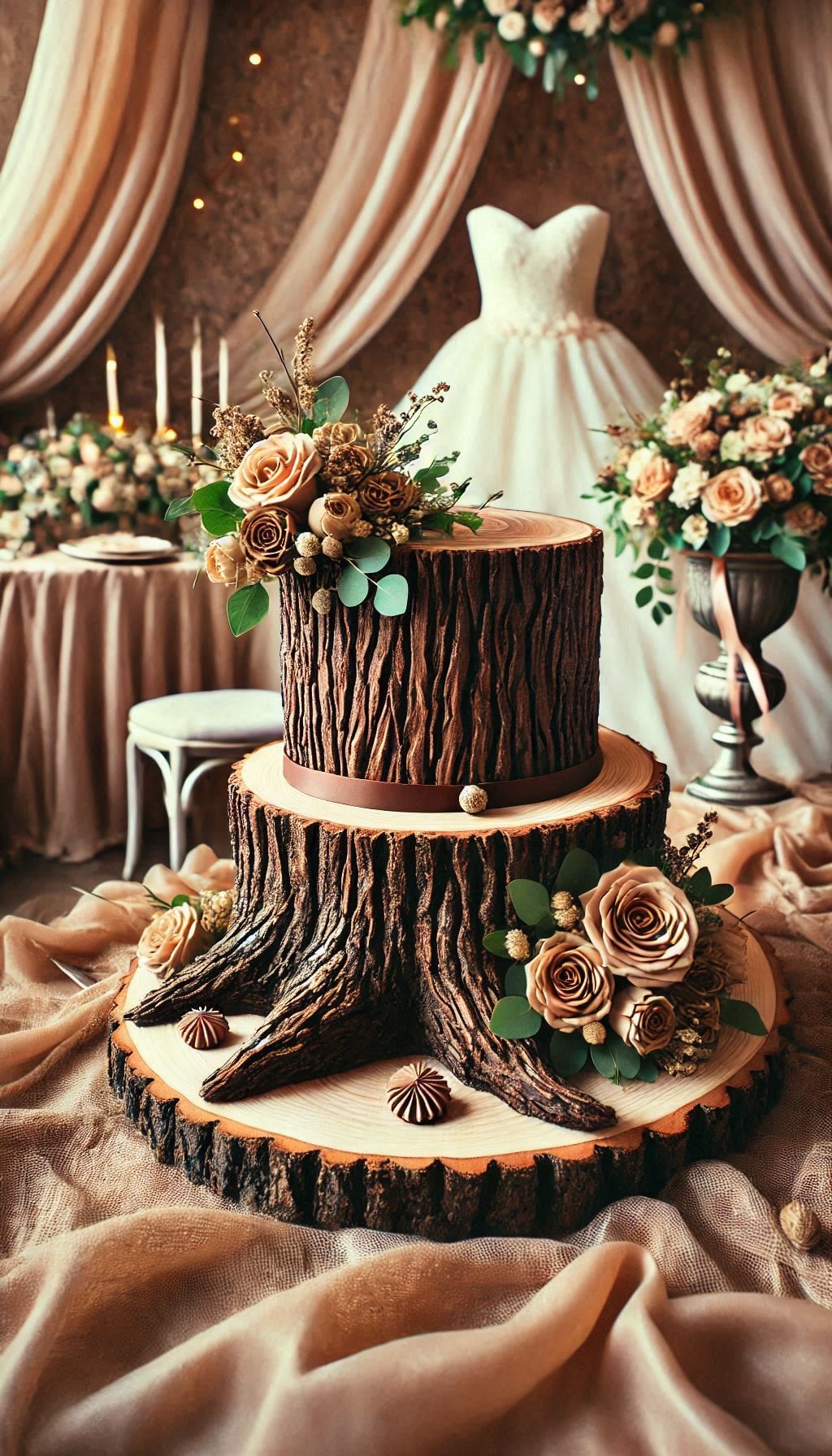 Elevate your rustic wedding with a tree stump cake that’s as delicious as it is charming. Who knew nature could taste this good?
