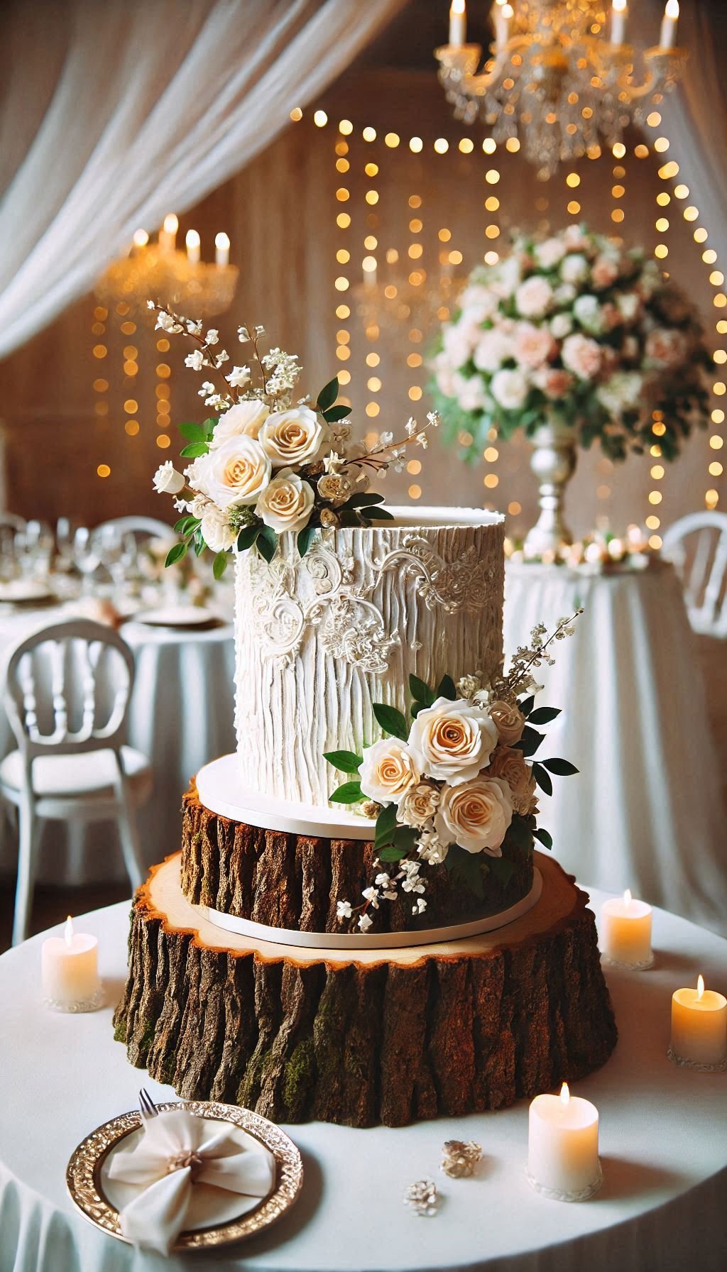 Dreaming of a fairy tale wedding? This tree stump cake with bark-textured frosting is the perfect centerpiece for your rustic celebration.