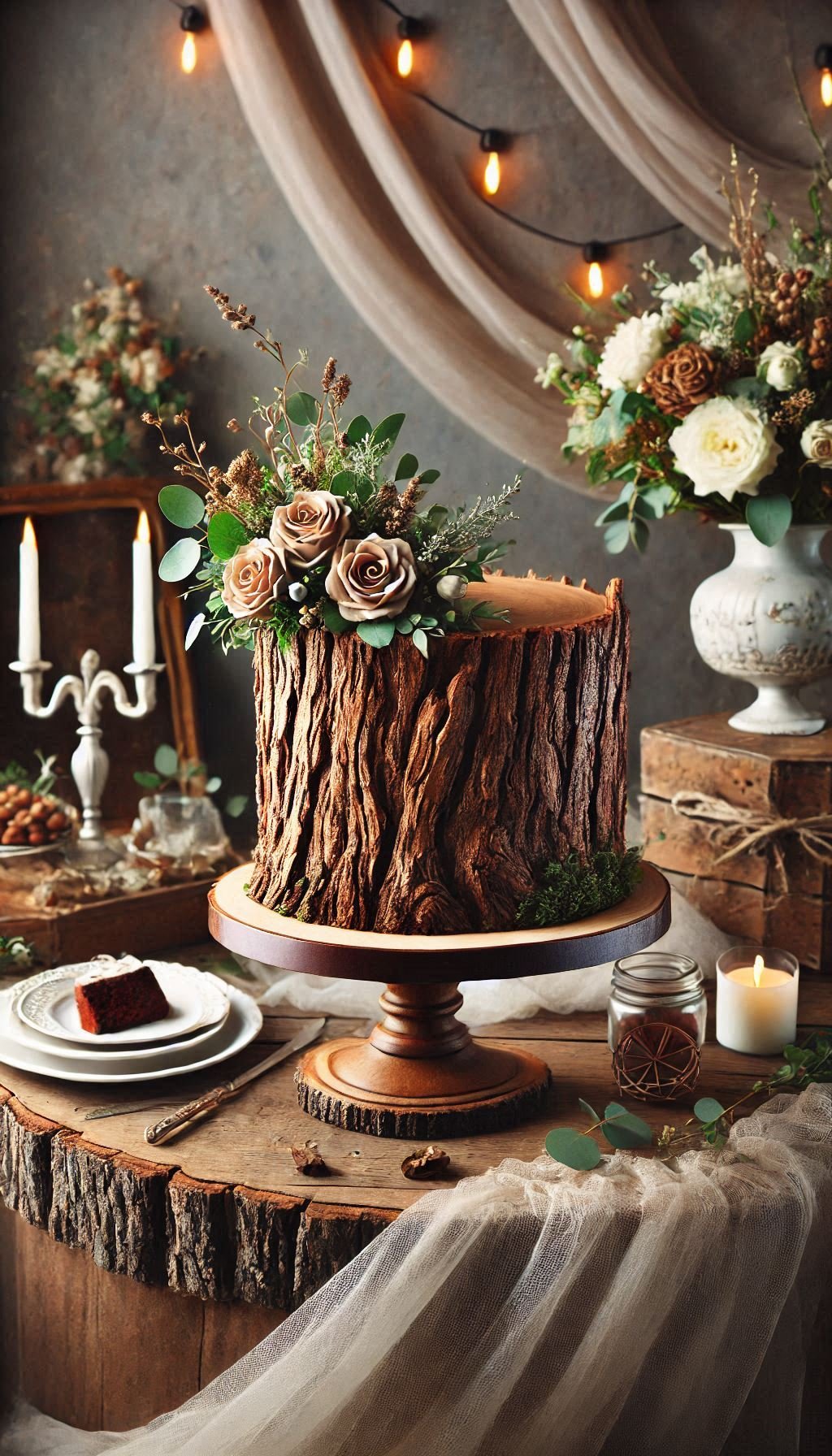 Transform your rustic wedding with a tree stump cake that's almost too pretty to eat. Almost. 😉