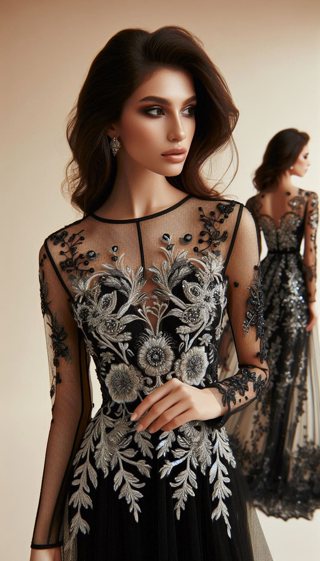 105 Enchanting Floral Lace Embroidered Dress Ideas | Pocoko Unleash your inner diva with this black and silver floral lace dress! The detailed embroidery adds a layer of elegance that's simply breathtaking.