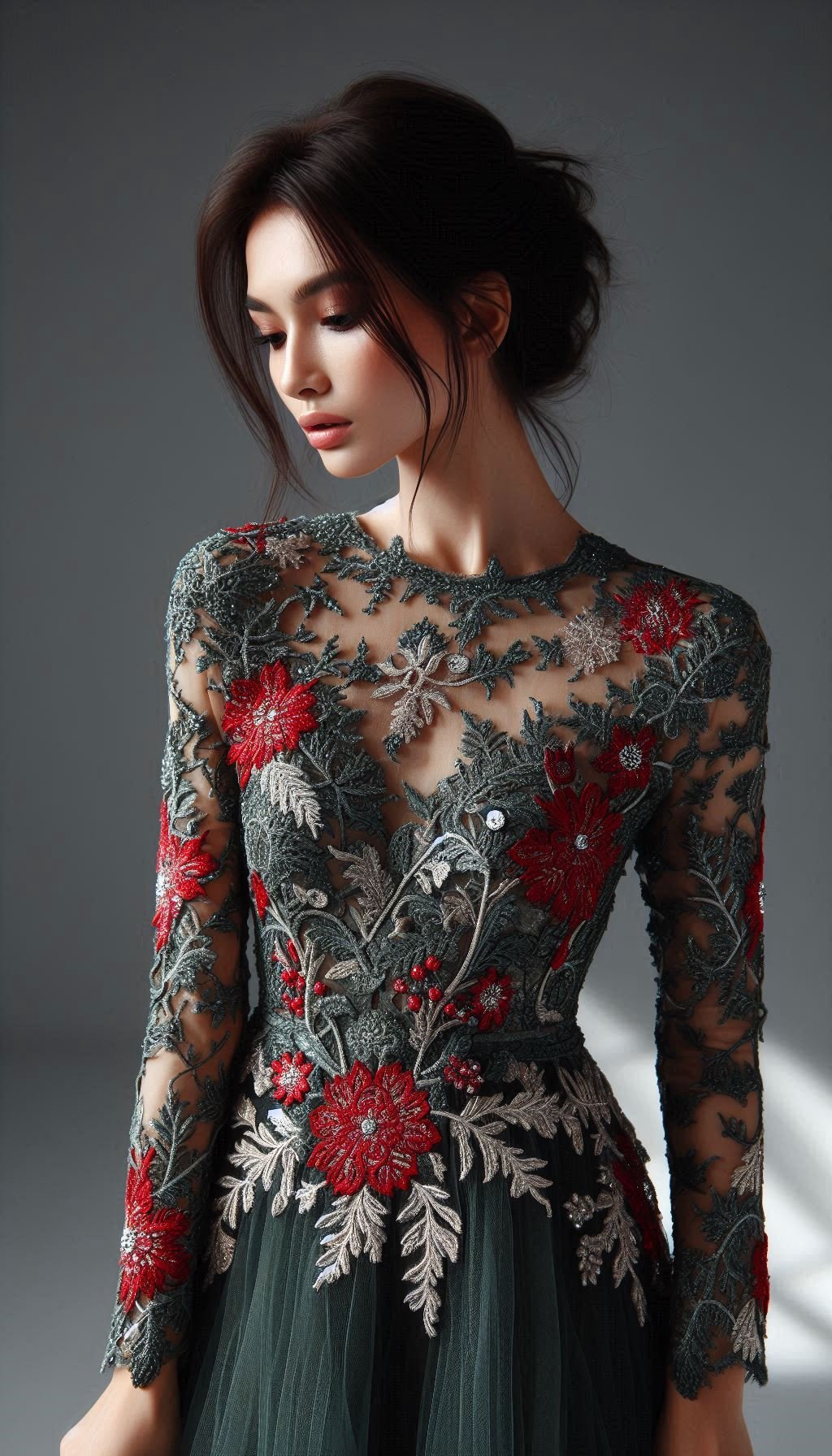 105 Enchanting Floral Lace Embroidered Dress Ideas | Pocoko Step into nature's embrace with this forest green dress adorned with red floral lace embroidery. Perfect for adding a touch of elegance to your look!
