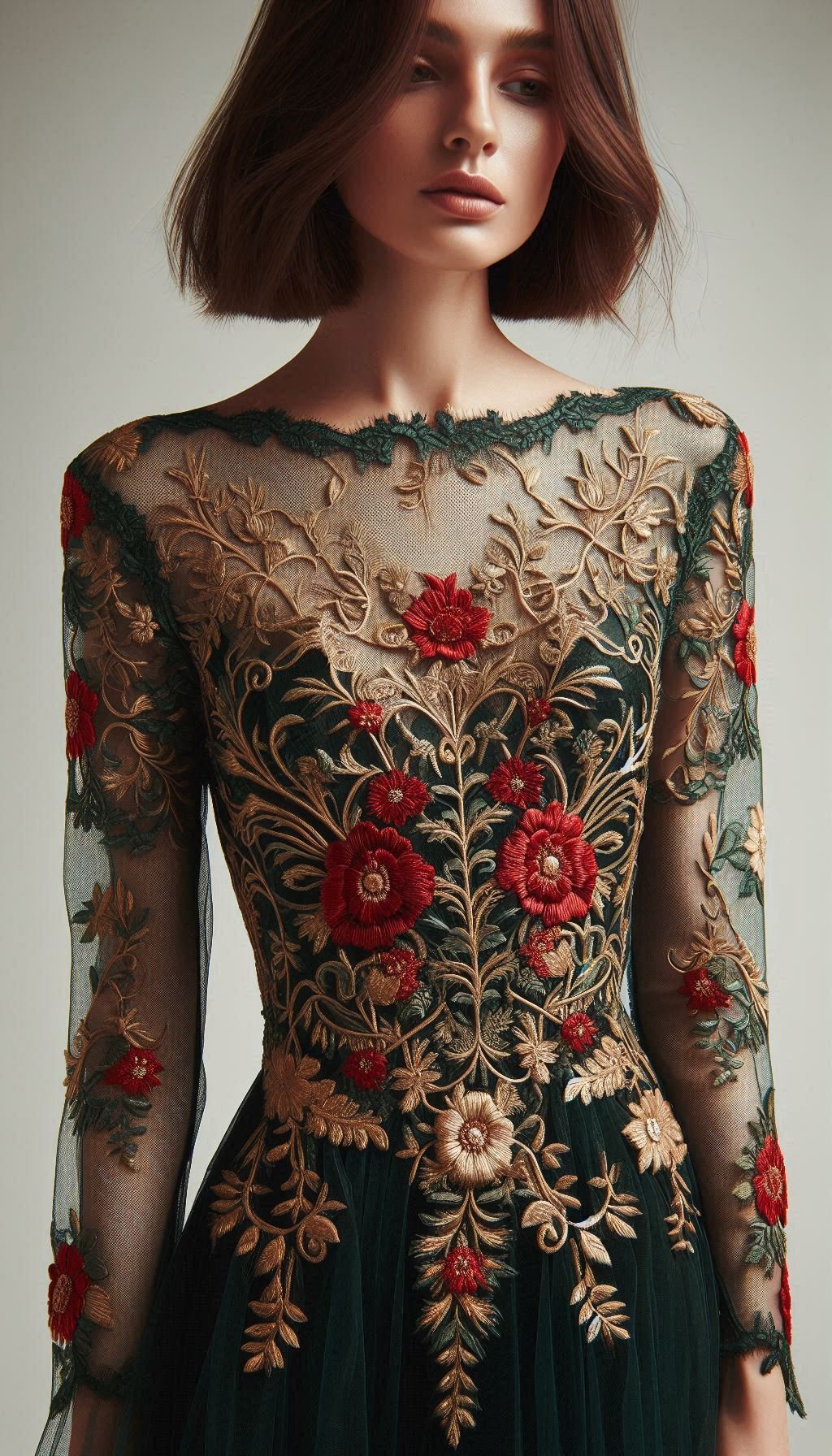 105 Enchanting Floral Lace Embroidered Dress Ideas | Pocoko This forest green dress with red floral lace embroidery is a botanical dream come true. Ready to bloom at your next event?