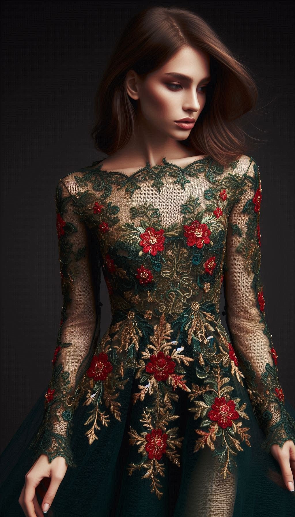 105 Enchanting Floral Lace Embroidered Dress Ideas | Pocoko Channel your inner woodland fairy with this forest green dress featuring stunning red floral lace embroidery. An enchanting choice for any occasion!