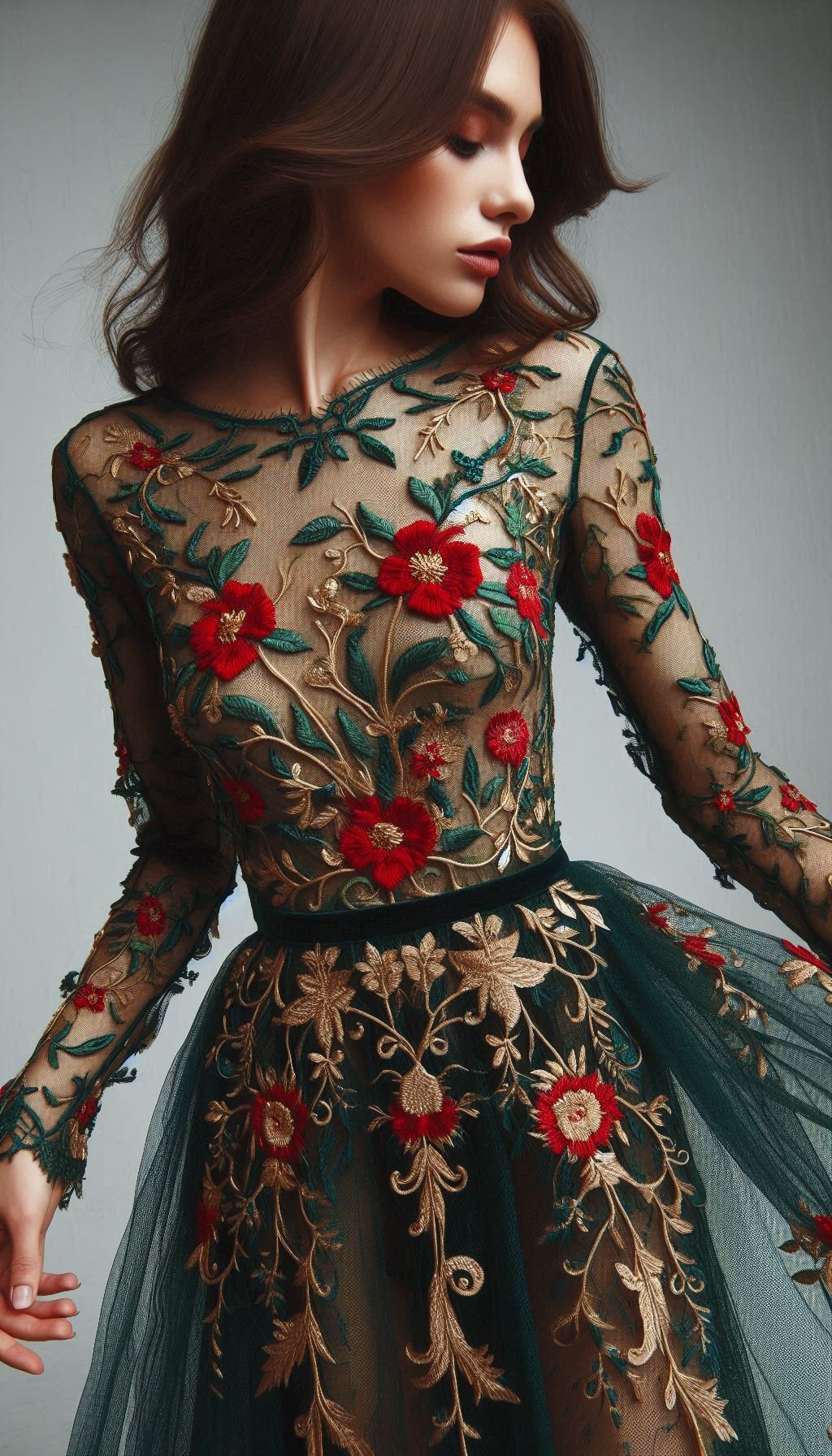 105 Enchanting Floral Lace Embroidered Dress Ideas | Pocoko Ready to make a bold entrance? This forest green dress with red floral lace embroidery is your ticket to a show-stopping look.