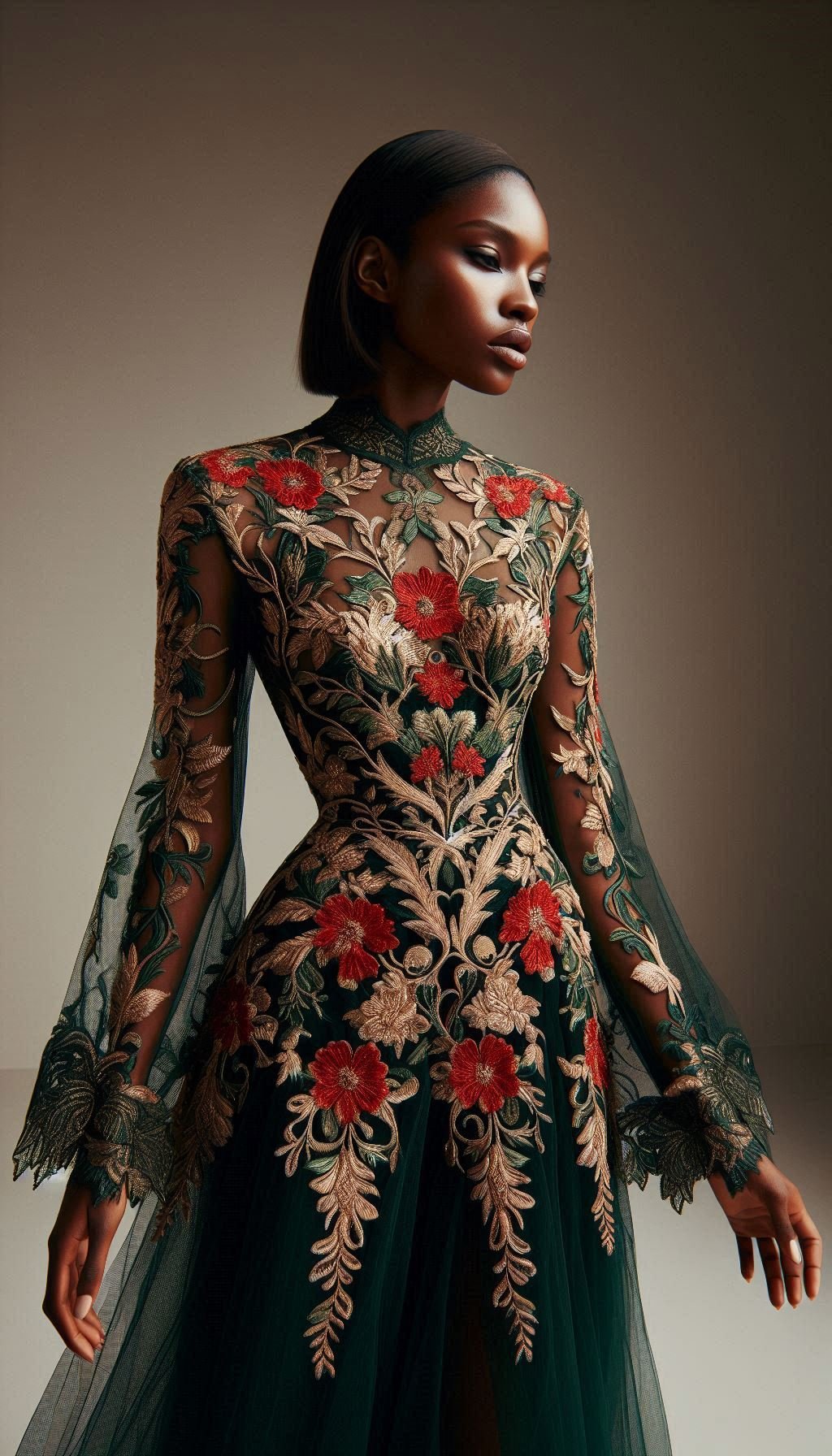 105 Enchanting Floral Lace Embroidered Dress Ideas | Pocoko Unleash your inner enchantress with this forest green dress adorned with red floral lace embroidery. A stunning choice for any event!