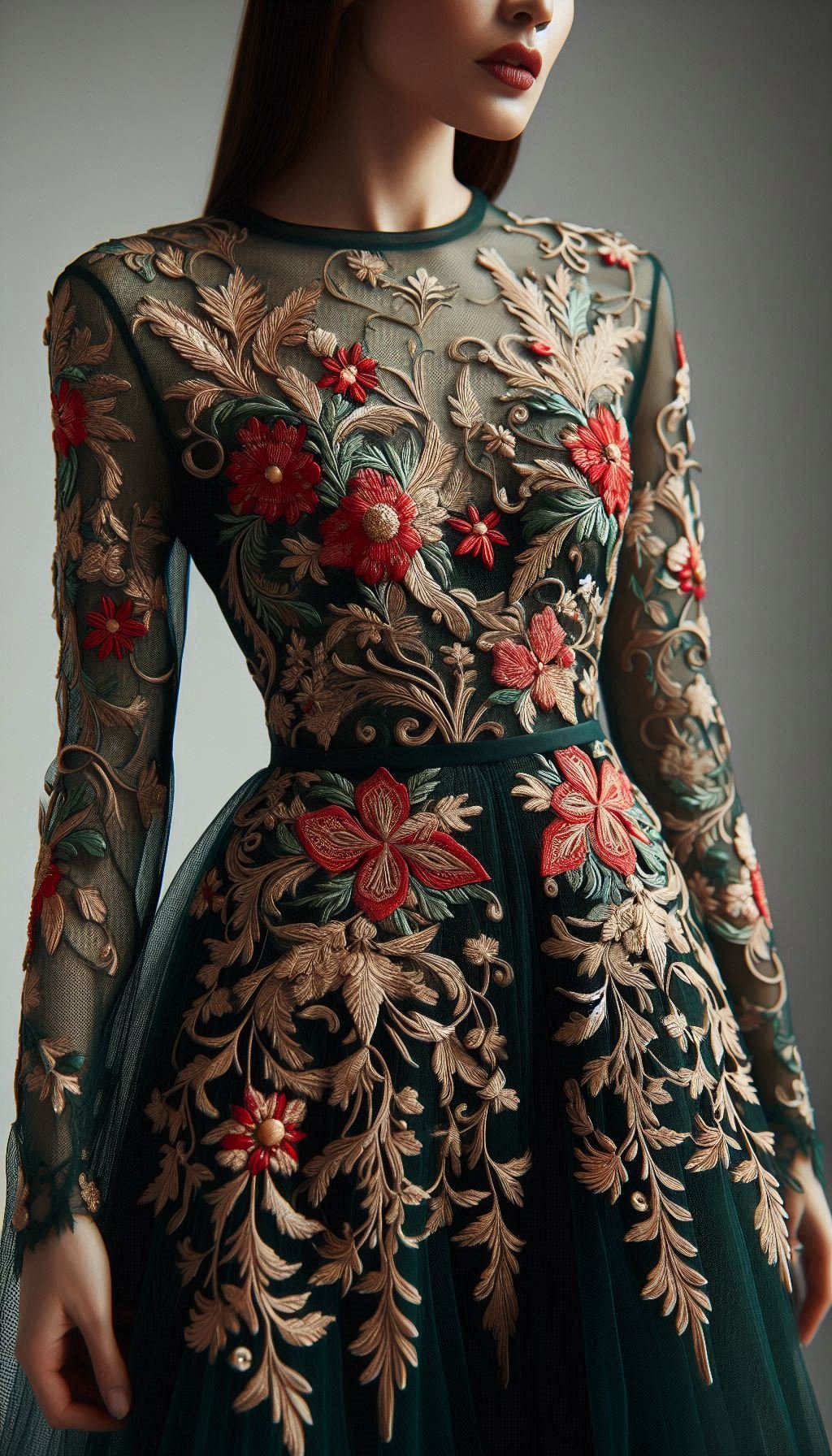 105 Enchanting Floral Lace Embroidered Dress Ideas | Pocoko This forest green dress with red floral lace embroidery is a floral fantasy come to life. Perfect for those who love a touch of nature-inspired elegance.