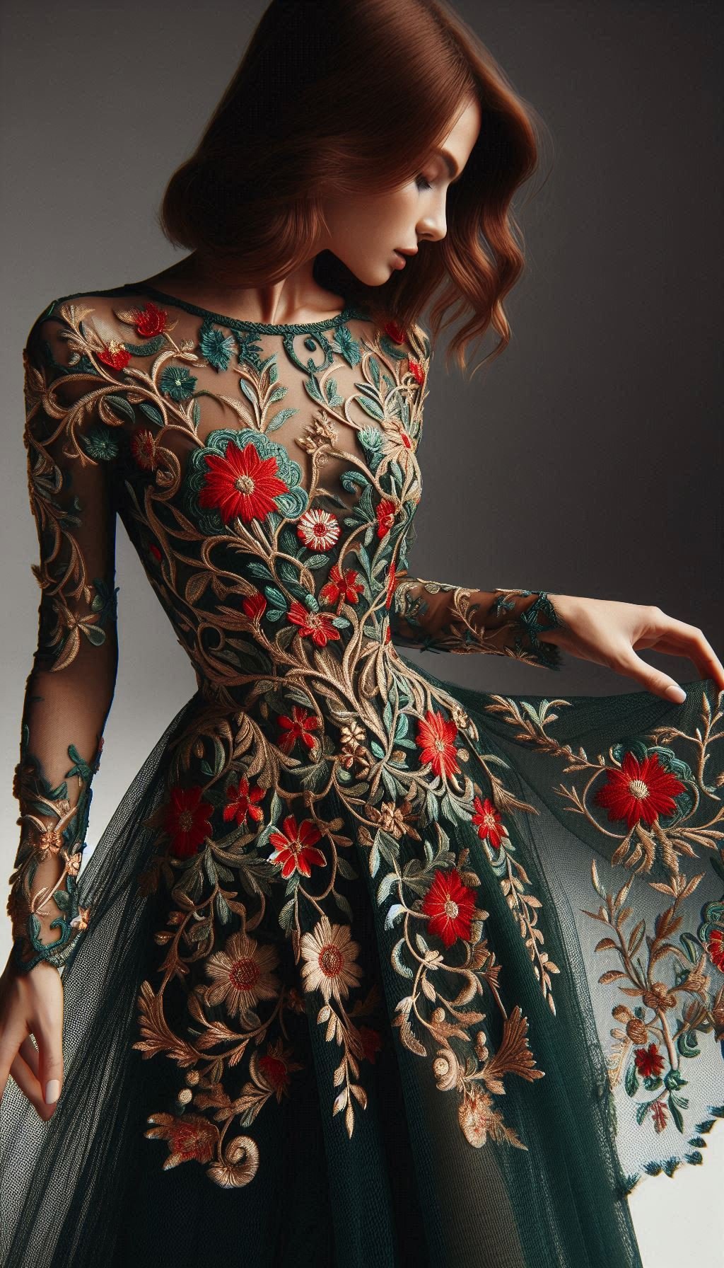 105 Enchanting Floral Lace Embroidered Dress Ideas | Pocoko Turn heads with this forest green dress, featuring intricate red floral lace embroidery. A perfect blend of sophistication and charm!