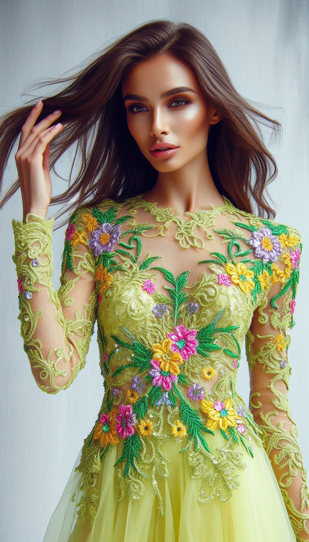 105 Enchanting Floral Lace Embroidered Dress Ideas | Pocoko Step into a garden of delight with this lemon green dress adorned with colorful floral lace embroidery. Perfect for adding a splash of vibrant elegance to your look!