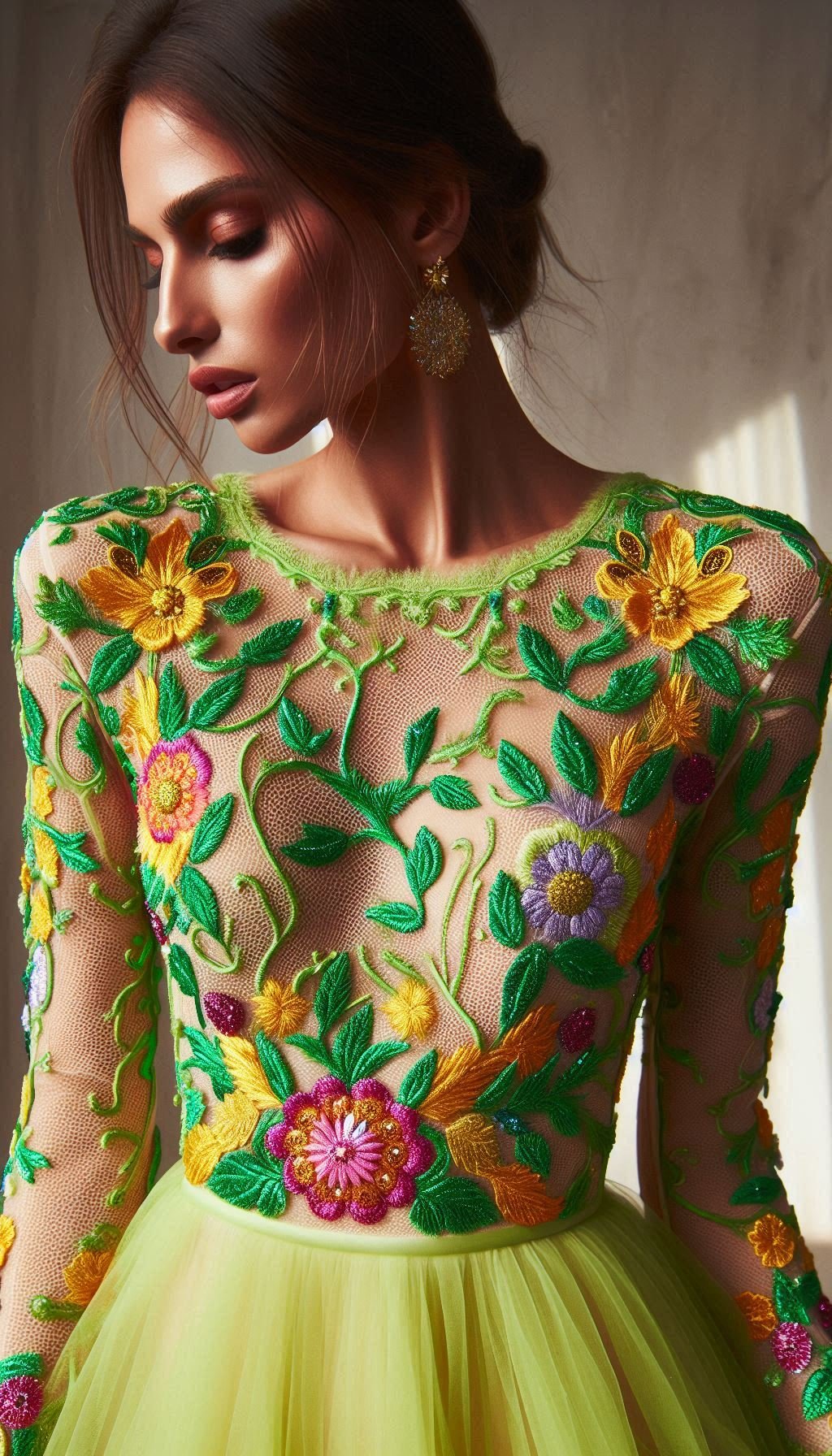 105 Enchanting Floral Lace Embroidered Dress Ideas | Pocoko This lemon green dress with colorful floral lace embroidery is a true masterpiece. Perfect for adding a touch of elegance and fun to your style!