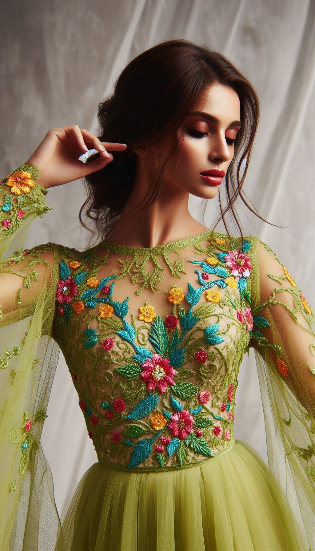 105 Enchanting Floral Lace Embroidered Dress Ideas | Pocoko Step out in style with this lemon green dress featuring delicate colorful floral lace embroidery. A unique and eye-catching choice for any occasion!