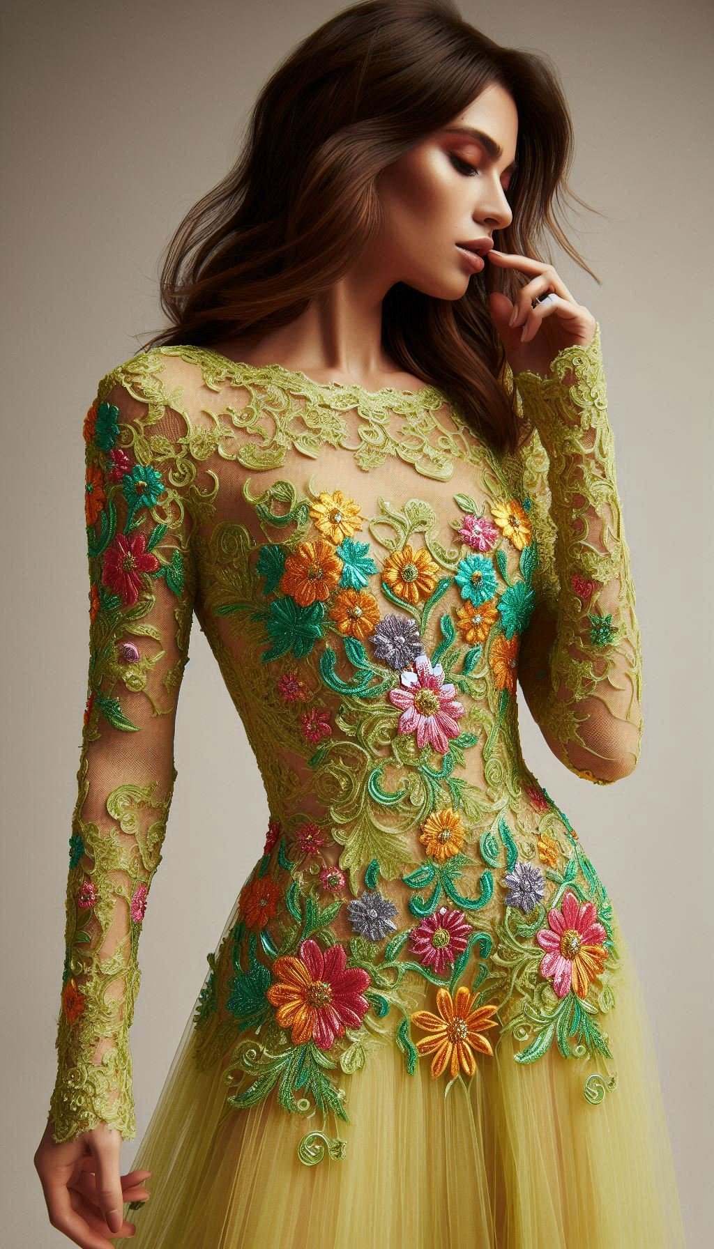 105 Enchanting Floral Lace Embroidered Dress Ideas | Pocoko Lemon green and colorful flowers make the perfect pair in this floral lace embroidered dress. A delightful blend of elegance and playfulness!