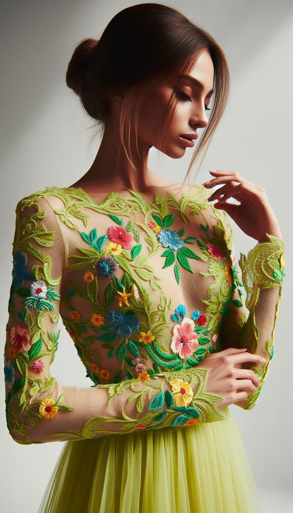 105 Enchanting Floral Lace Embroidered Dress Ideas | Pocoko Turn heads with this lemon green dress, beautifully adorned with colorful floral lace embroidery. A captivating choice for any special event!